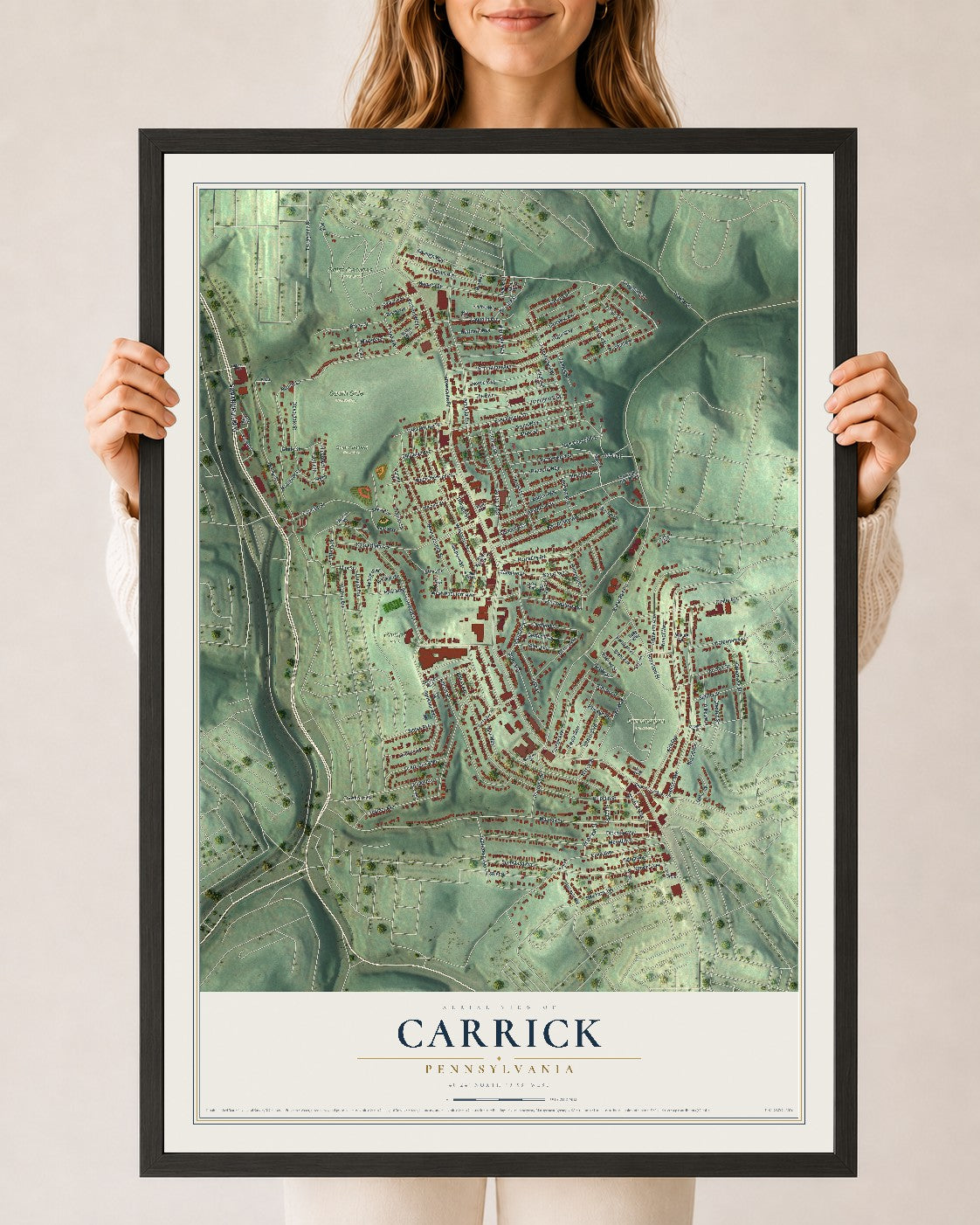 Map of Carrick, Pennsylvania, 24 x 36 inch print in a black wood frame