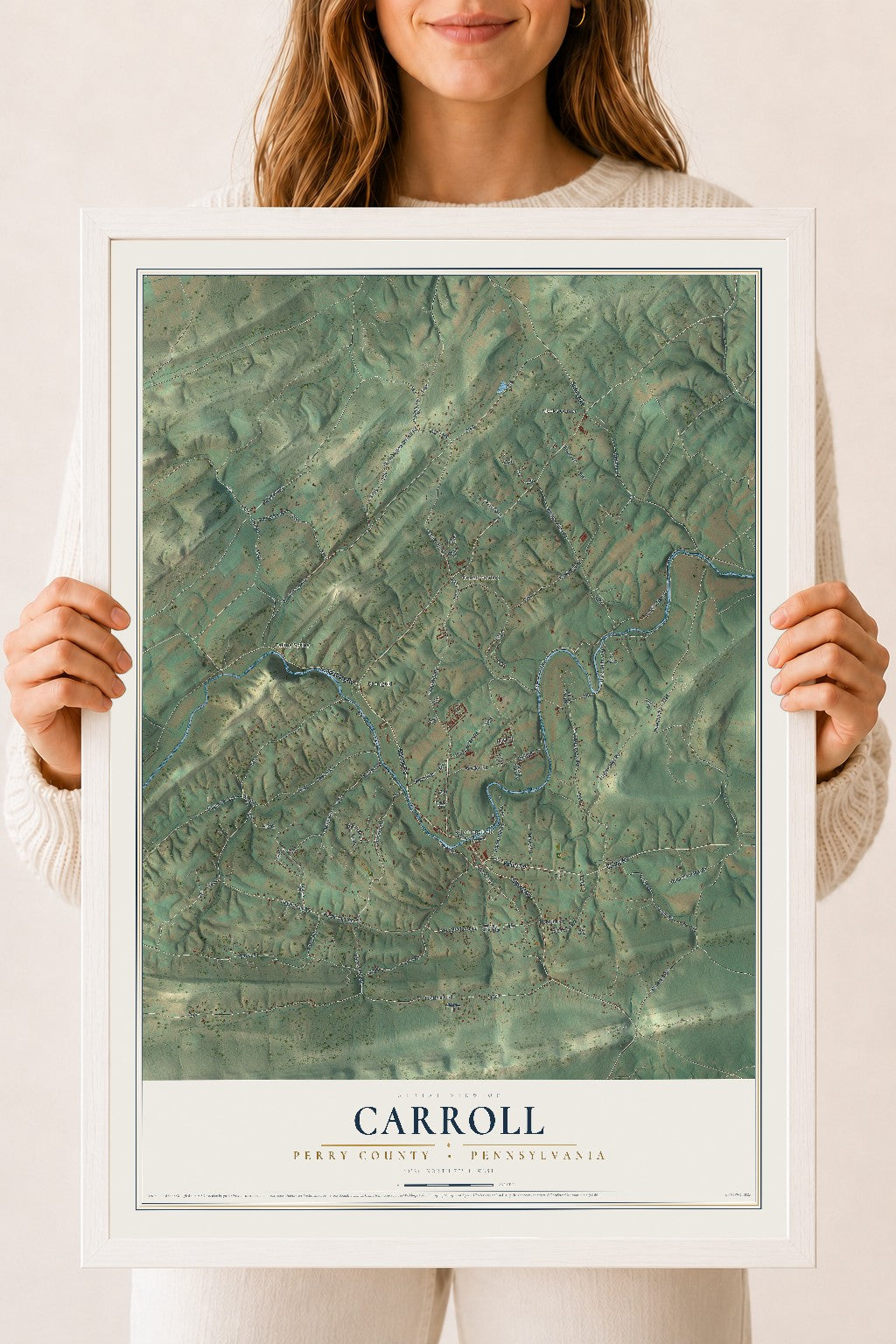 Map of Carroll, Perry County, Pennsylvania, 18 x 24 inch print in a white wood frame