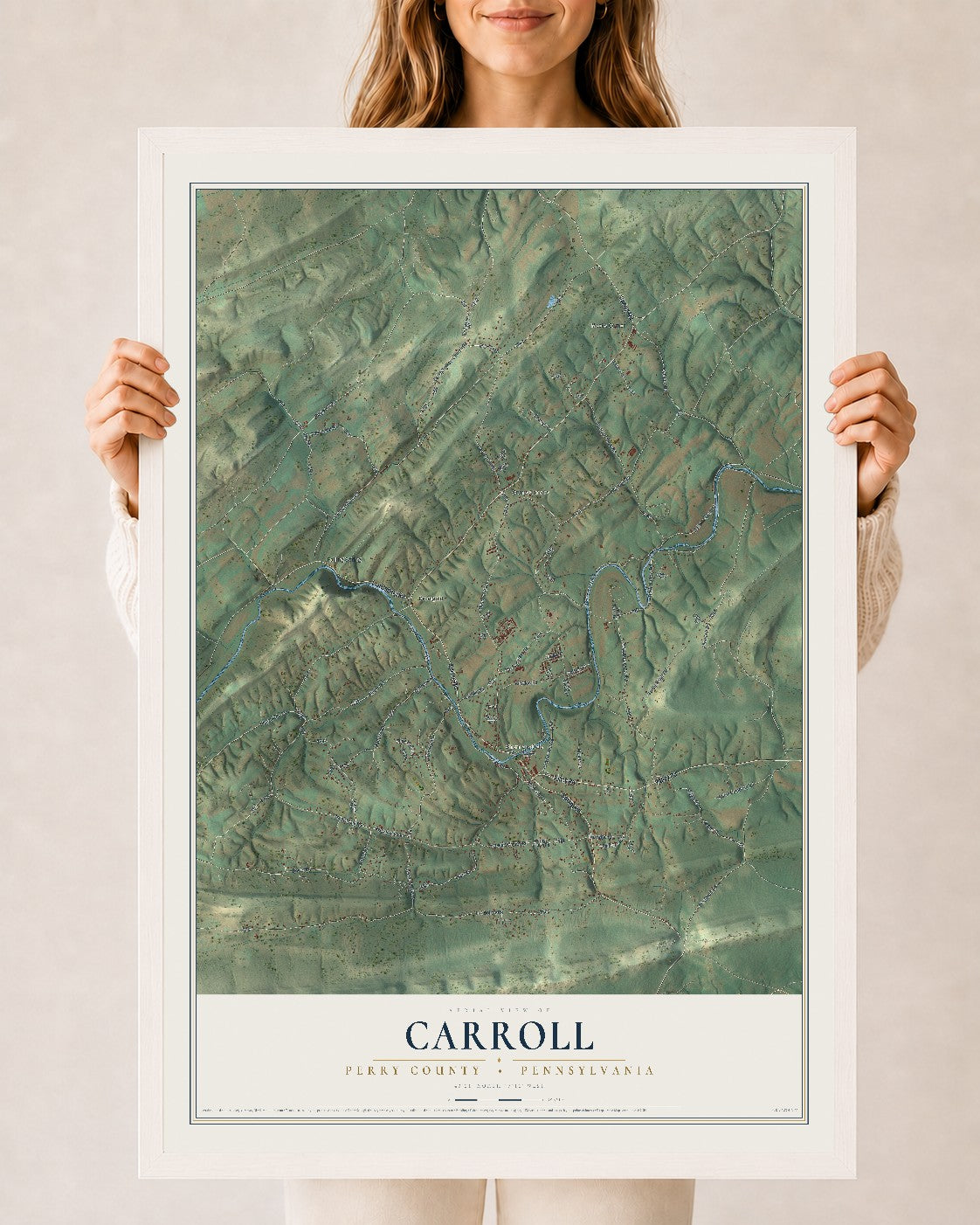 Map of Carroll, Perry County, Pennsylvania, 24 x 36 inch print in a white wood frame
