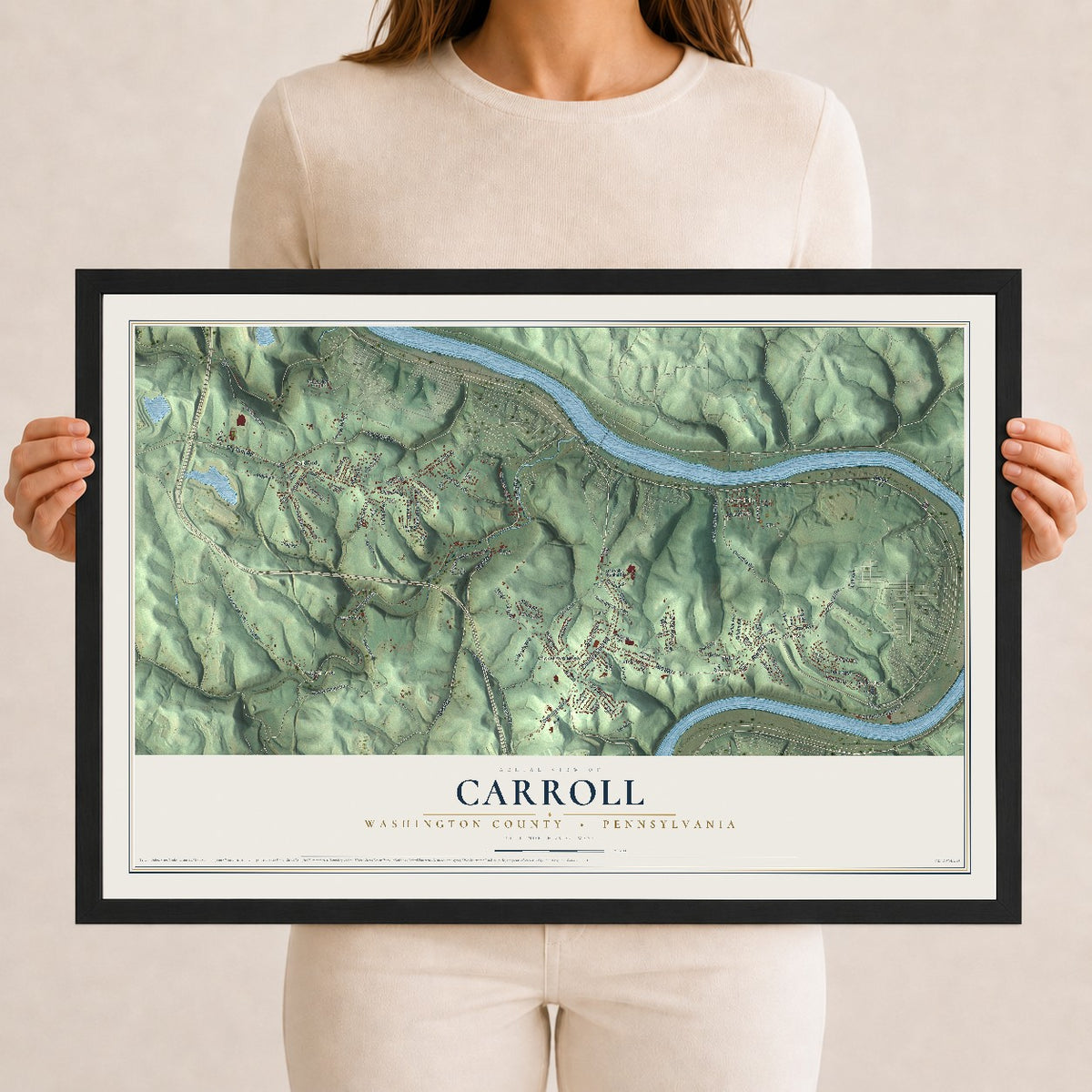 Map of Carroll, Washington County, Pennsylvania, 12 x 18 inch print in a black wood frame