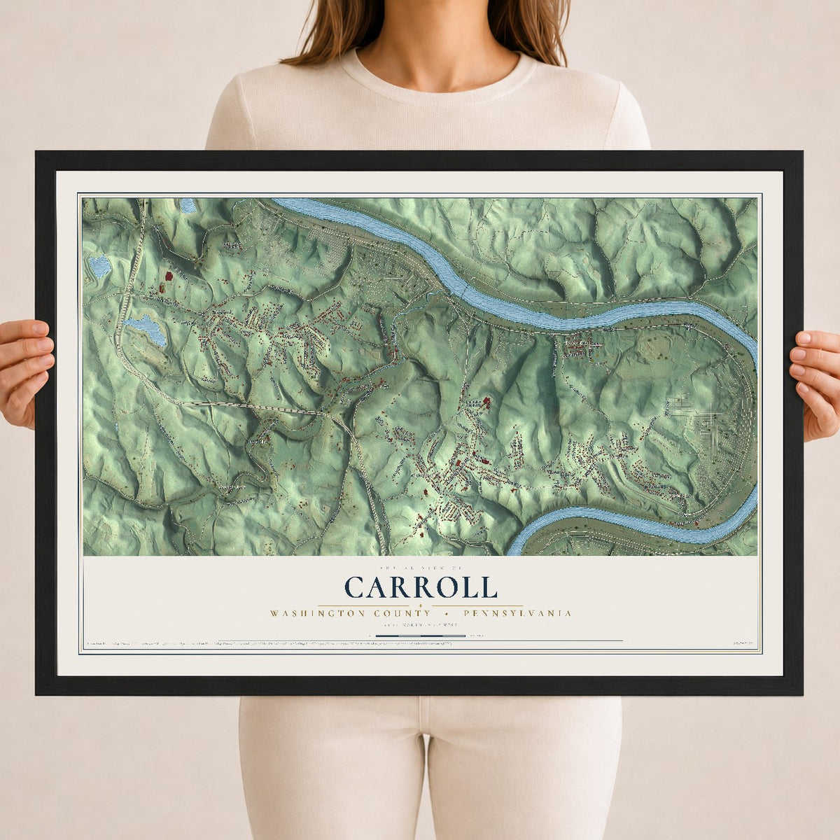 Map of Carroll, Washington County, Pennsylvania, 18 x 24 inch print in a black wood frame