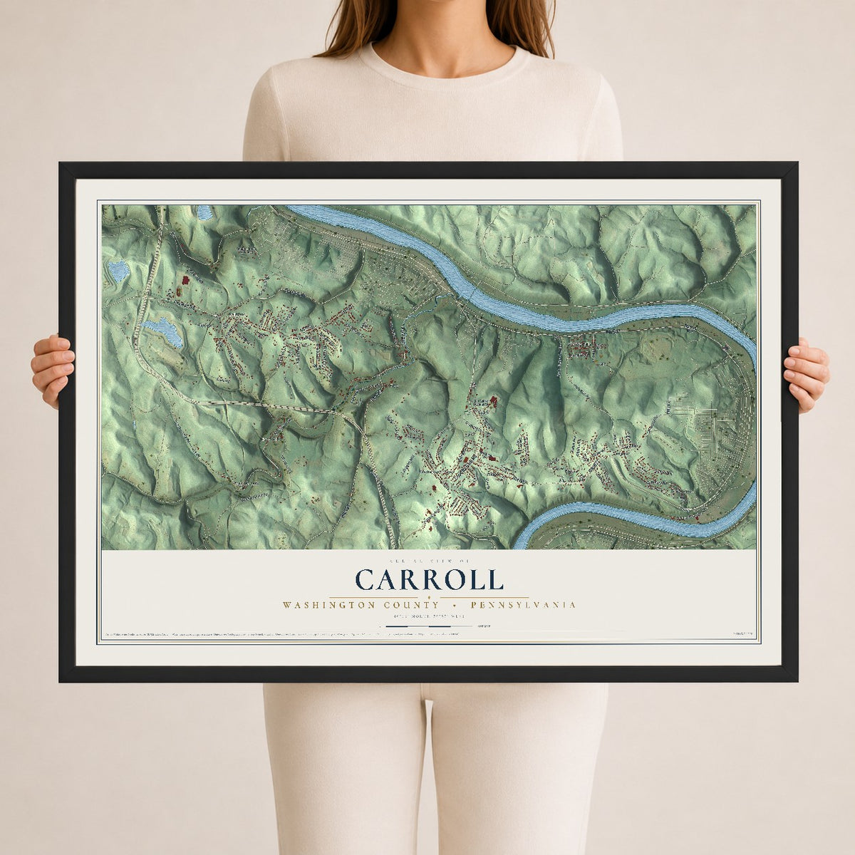 Map of Carroll, Washington County, Pennsylvania, 24 x 36 inch print in a black wood frame