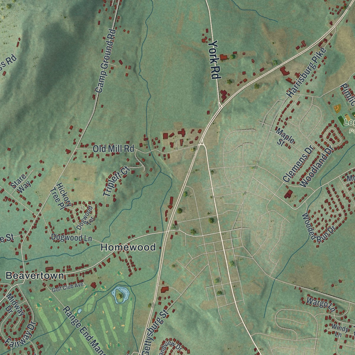 Close-up of the map of Carroll, York County, Pennsylvania print showing street and building detail