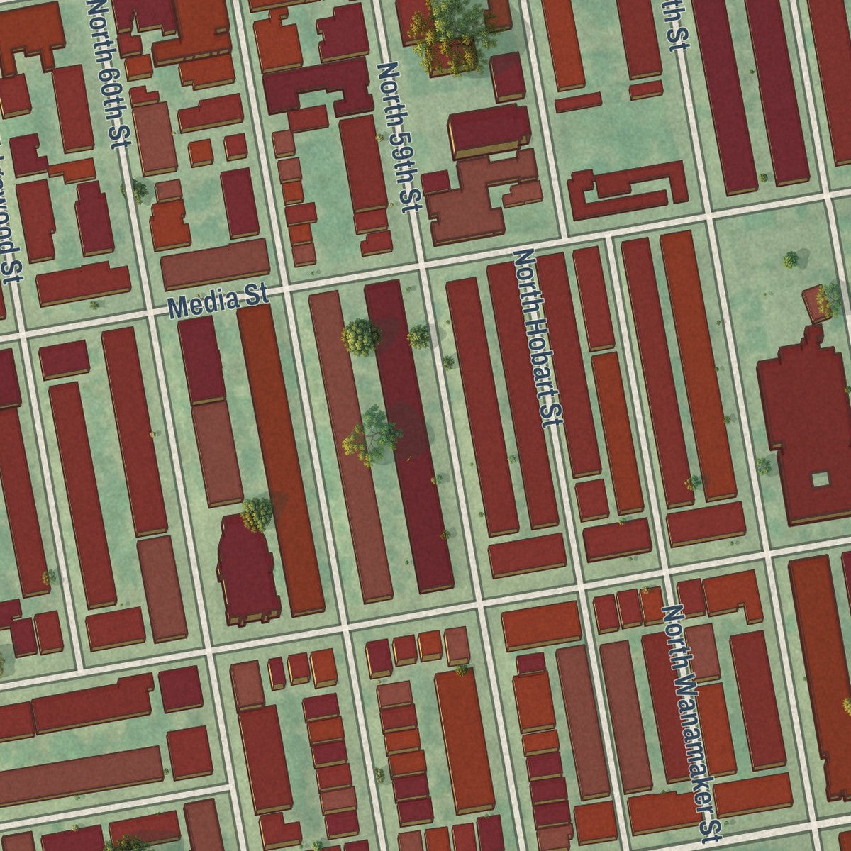 Close-up of the map of Carroll Park, Pennsylvania print showing street and building detail