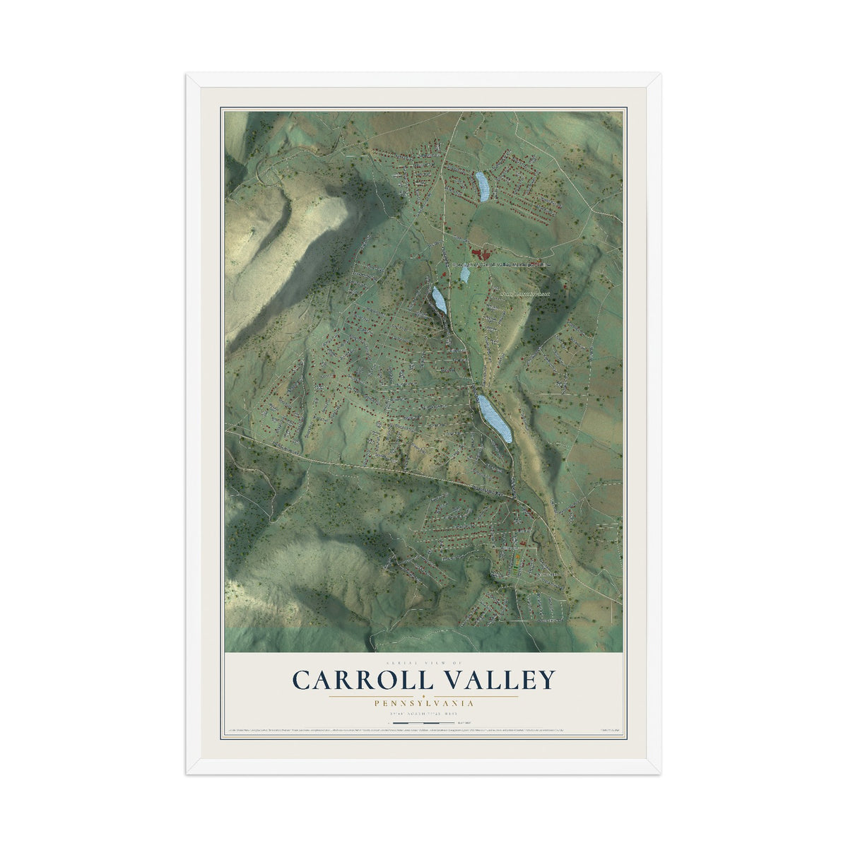 Map of Carroll Valley, Pennsylvania, 12 x 18 inch print in a white wood frame