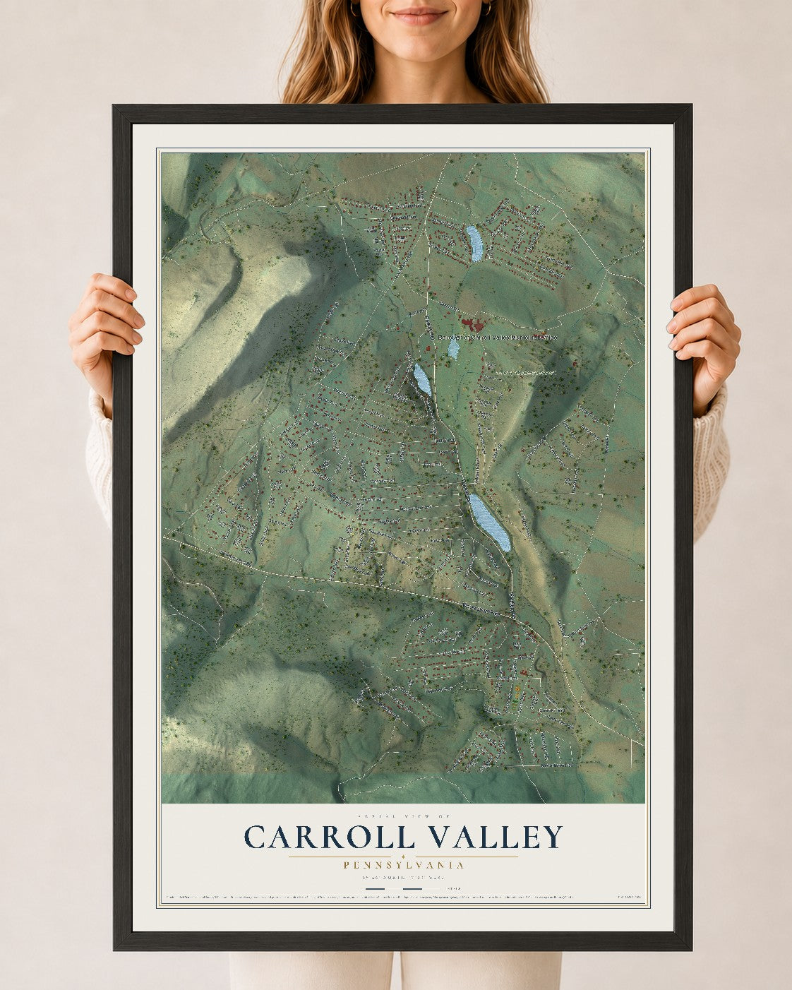 Map of Carroll Valley, Pennsylvania, 24 x 36 inch print in a black wood frame