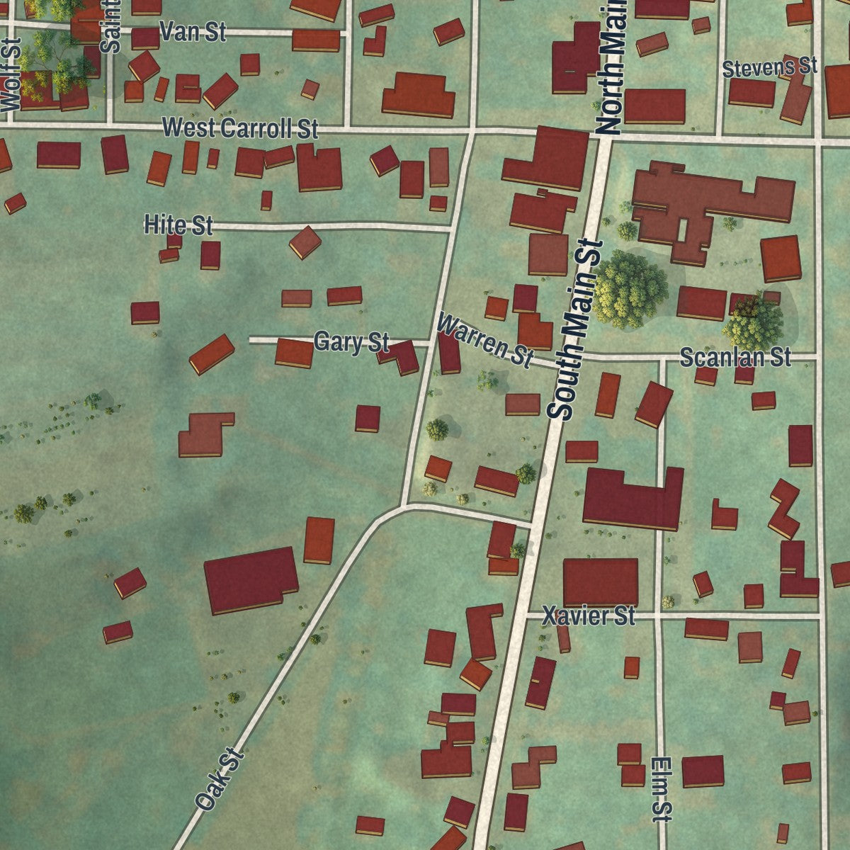 Second close-up of the map of Carrolltown, Pennsylvania print showing more streets and buildings