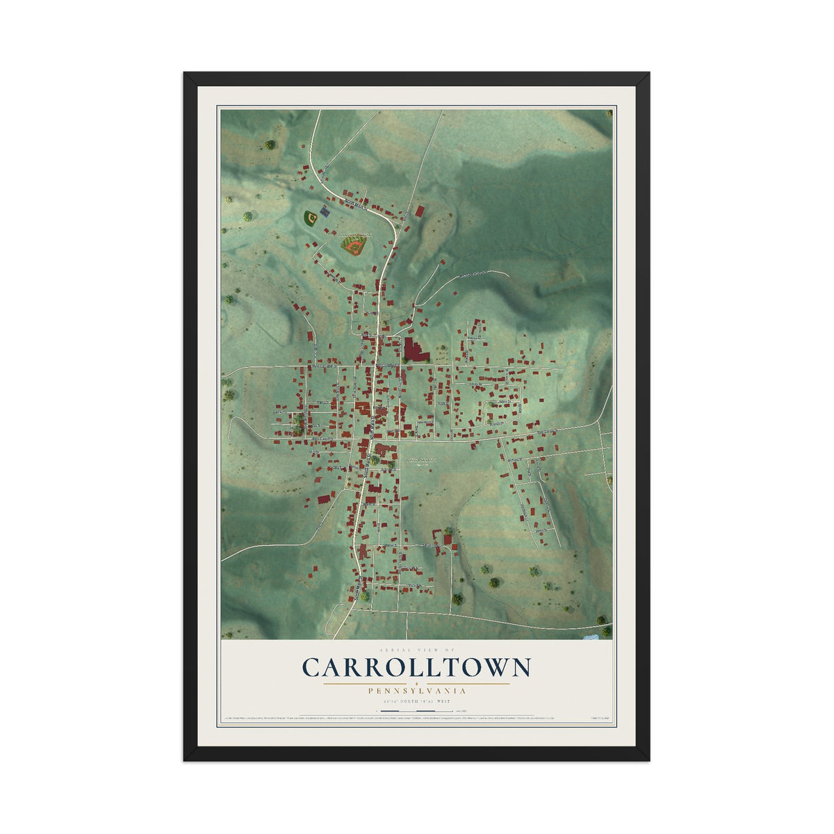 Map of Carrolltown, Pennsylvania, 12 x 18 inch print in a black wood frame