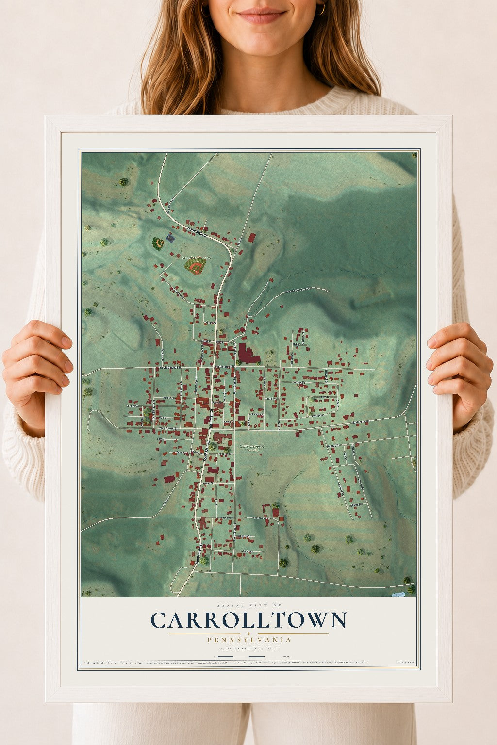 Map of Carrolltown, Pennsylvania, 18 x 24 inch print in a white wood frame