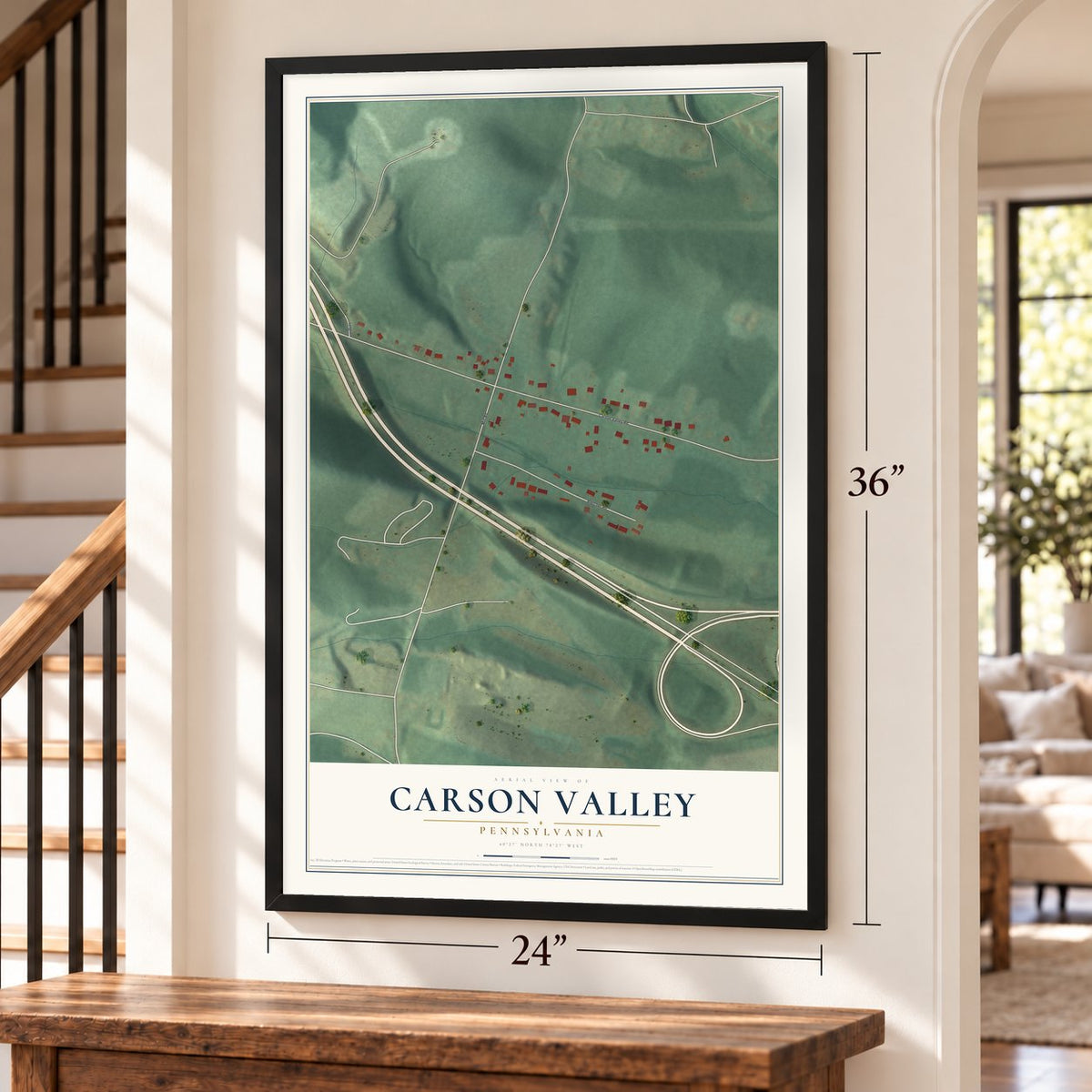 Carson Valley, Pennsylvania map, 24 x 36 inch print in a black frame by a staircase