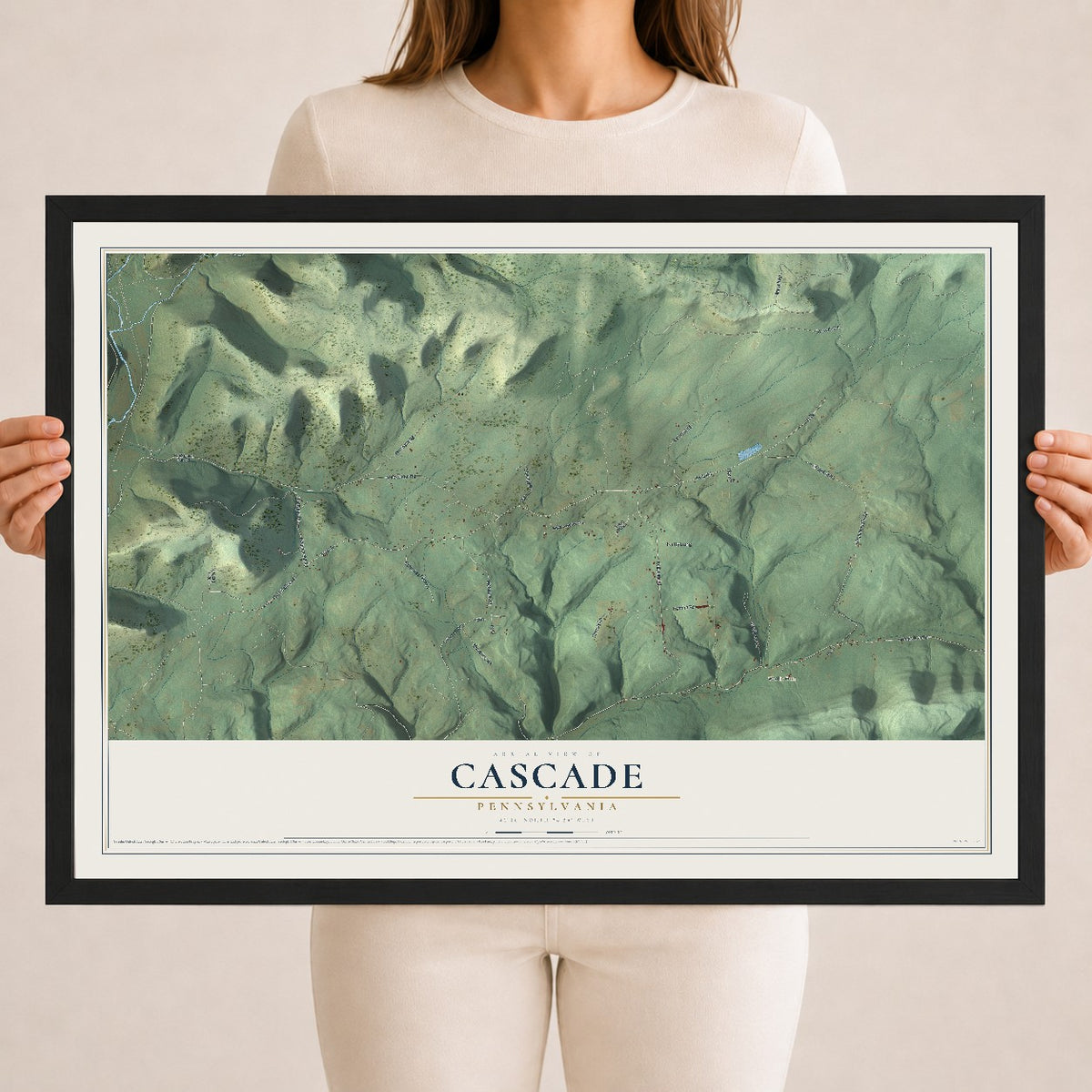 Map of Cascade, Pennsylvania, 18 x 24 inch print in a black wood frame