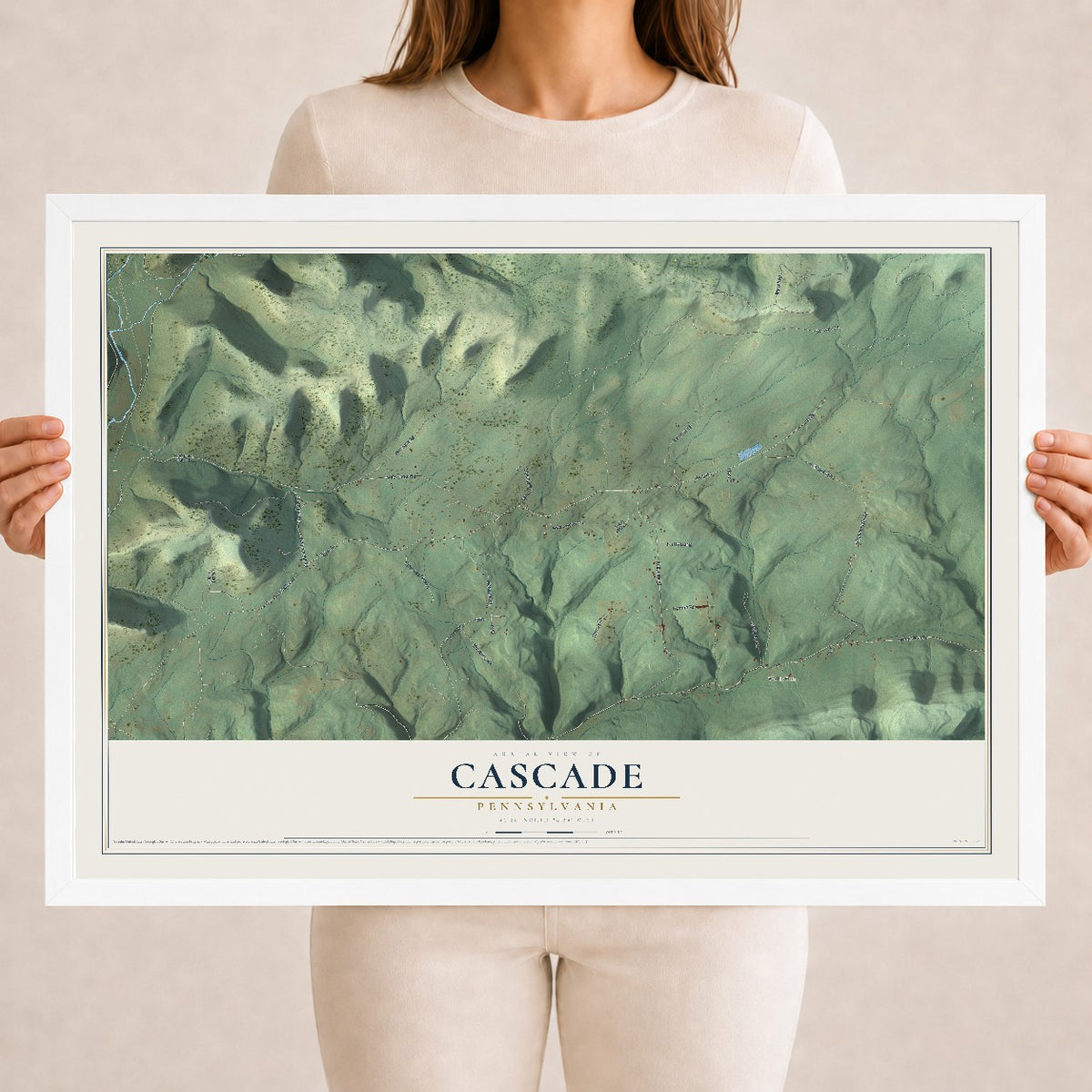 Map of Cascade, Pennsylvania, 18 x 24 inch print in a white wood frame