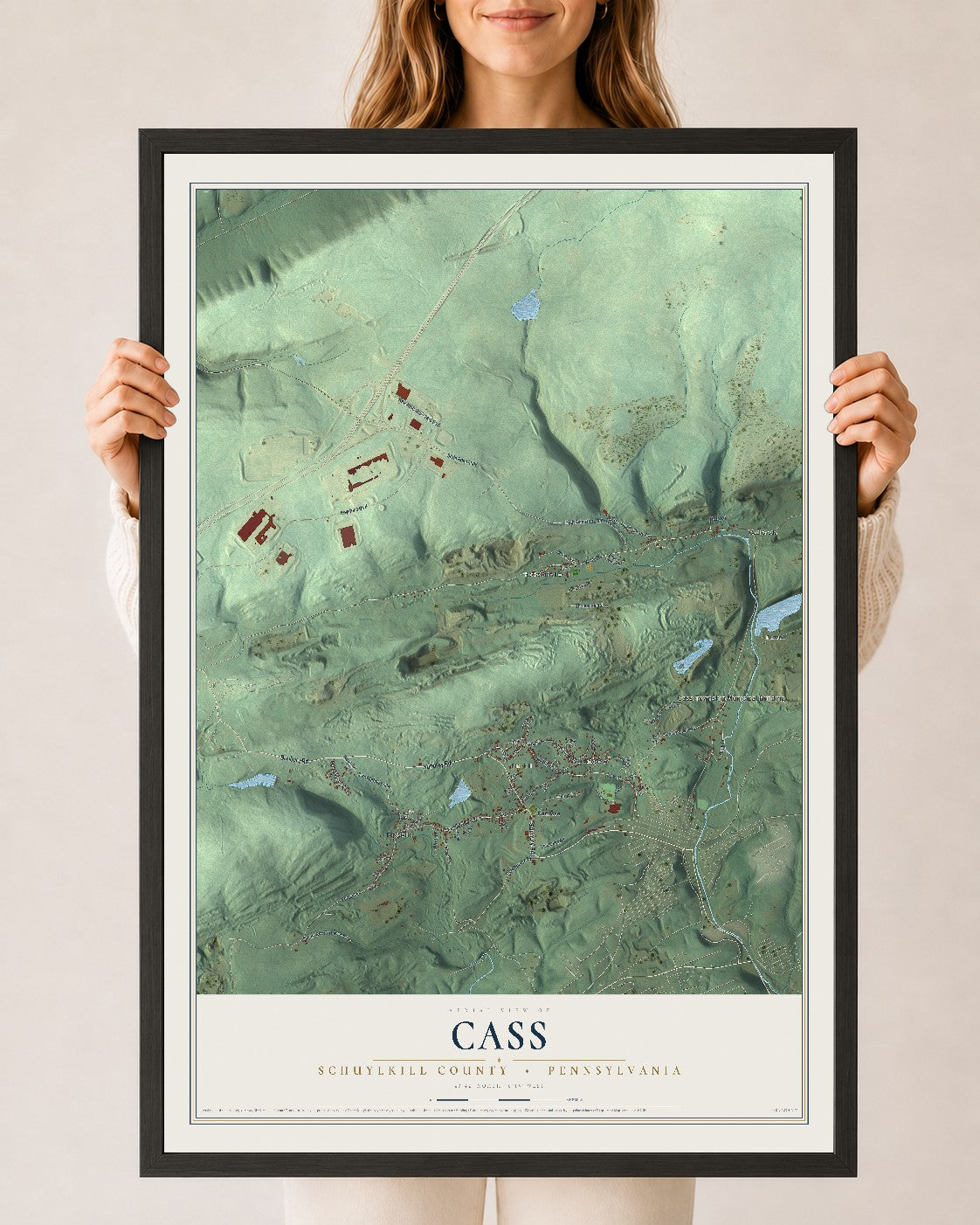 Map of Cass, Schuylkill County, Pennsylvania, 24 x 36 inch print in a black wood frame