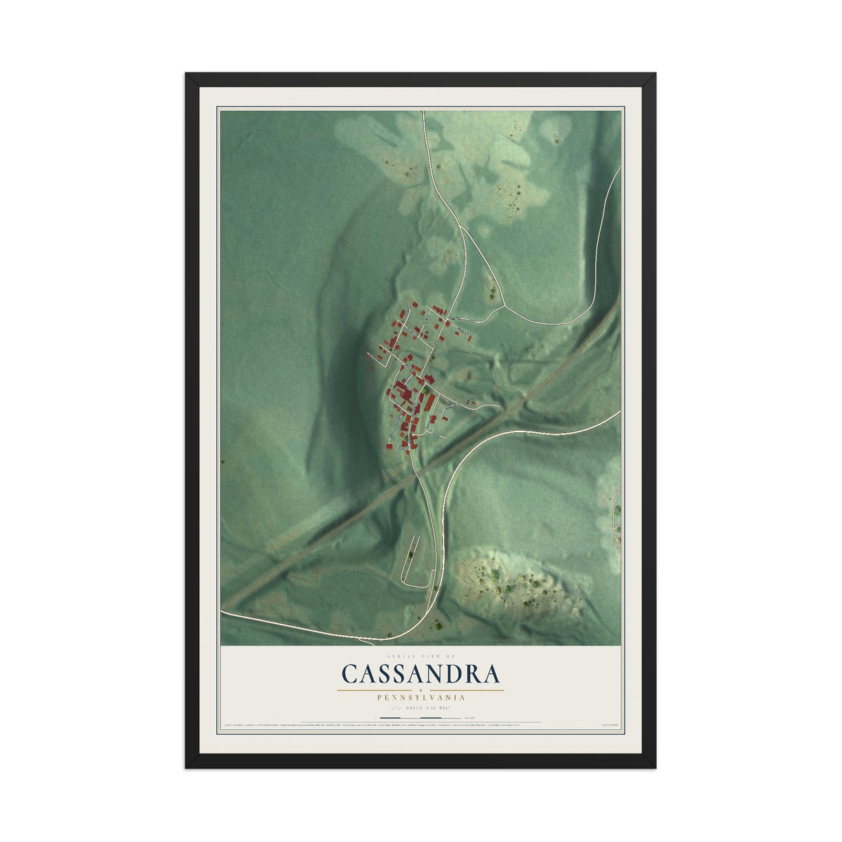 Map of Cassandra, Pennsylvania, 12 x 18 inch print in a black wood frame