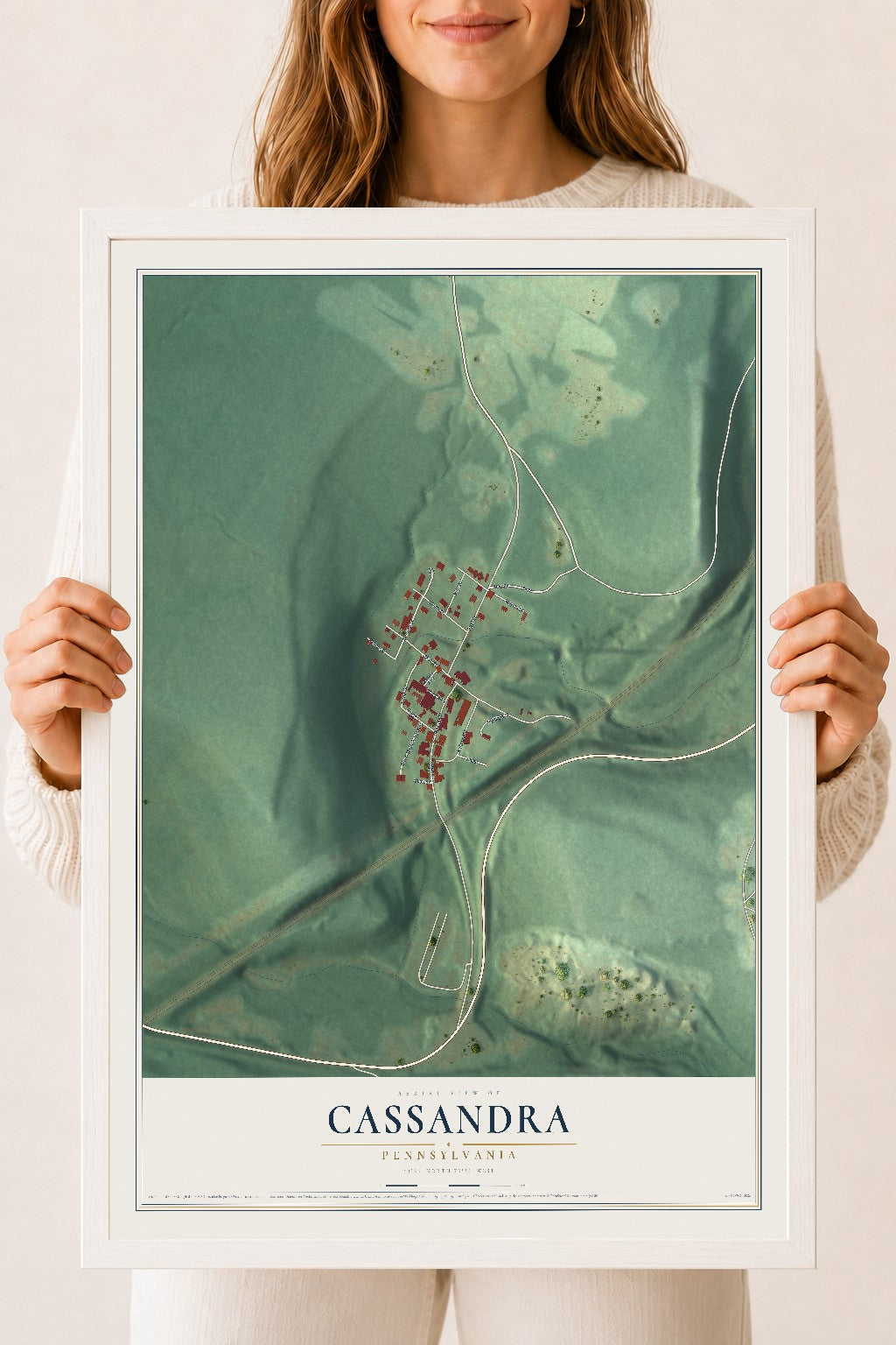Map of Cassandra, Pennsylvania, 18 x 24 inch print in a white wood frame