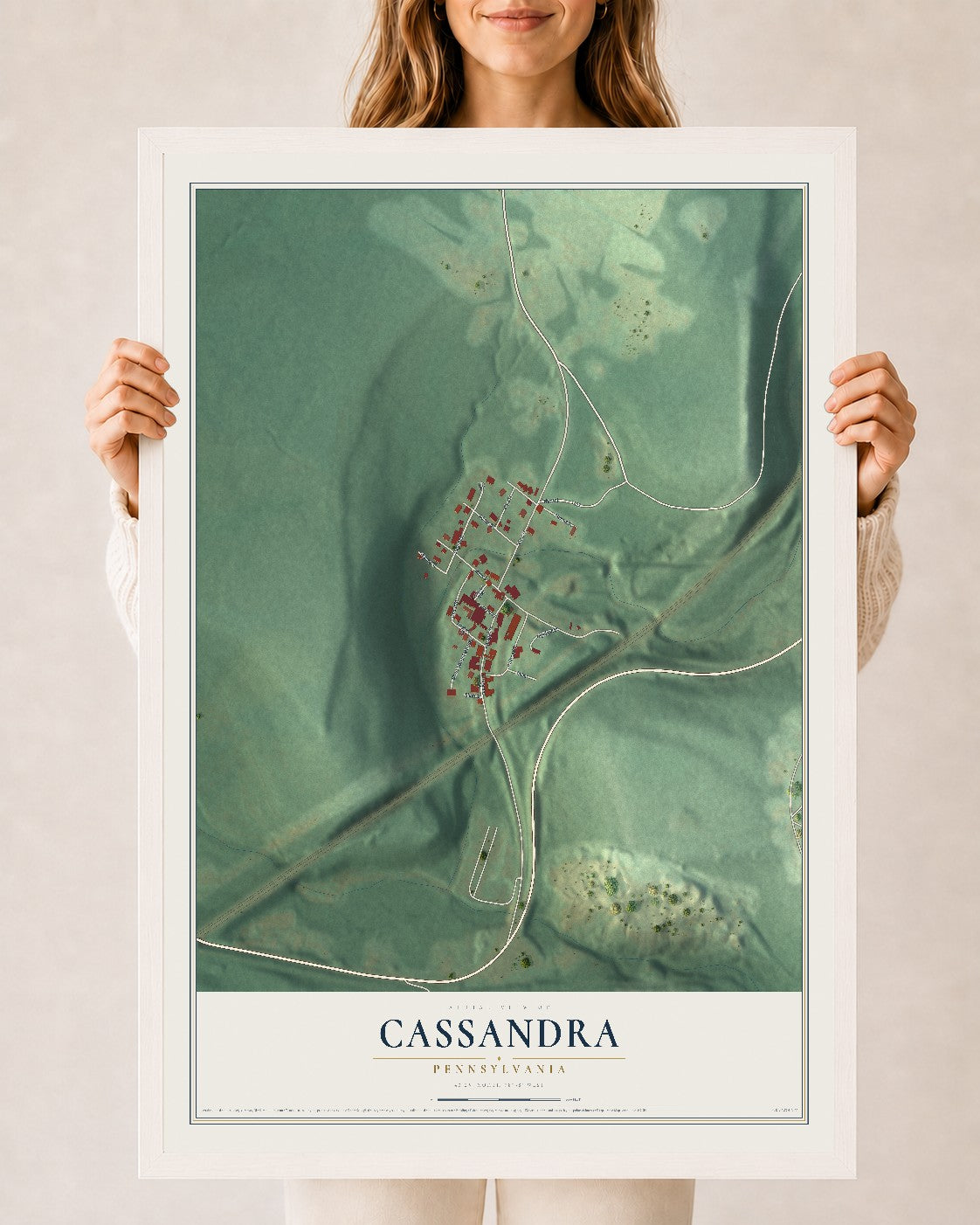 Map of Cassandra, Pennsylvania, 24 x 36 inch print in a white wood frame