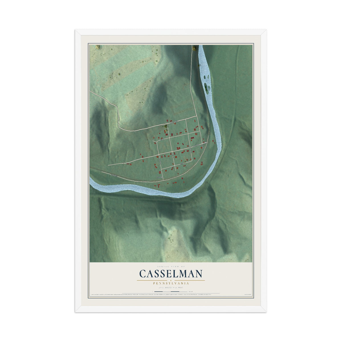 Map of Casselman, Pennsylvania, 12 x 18 inch print in a white wood frame