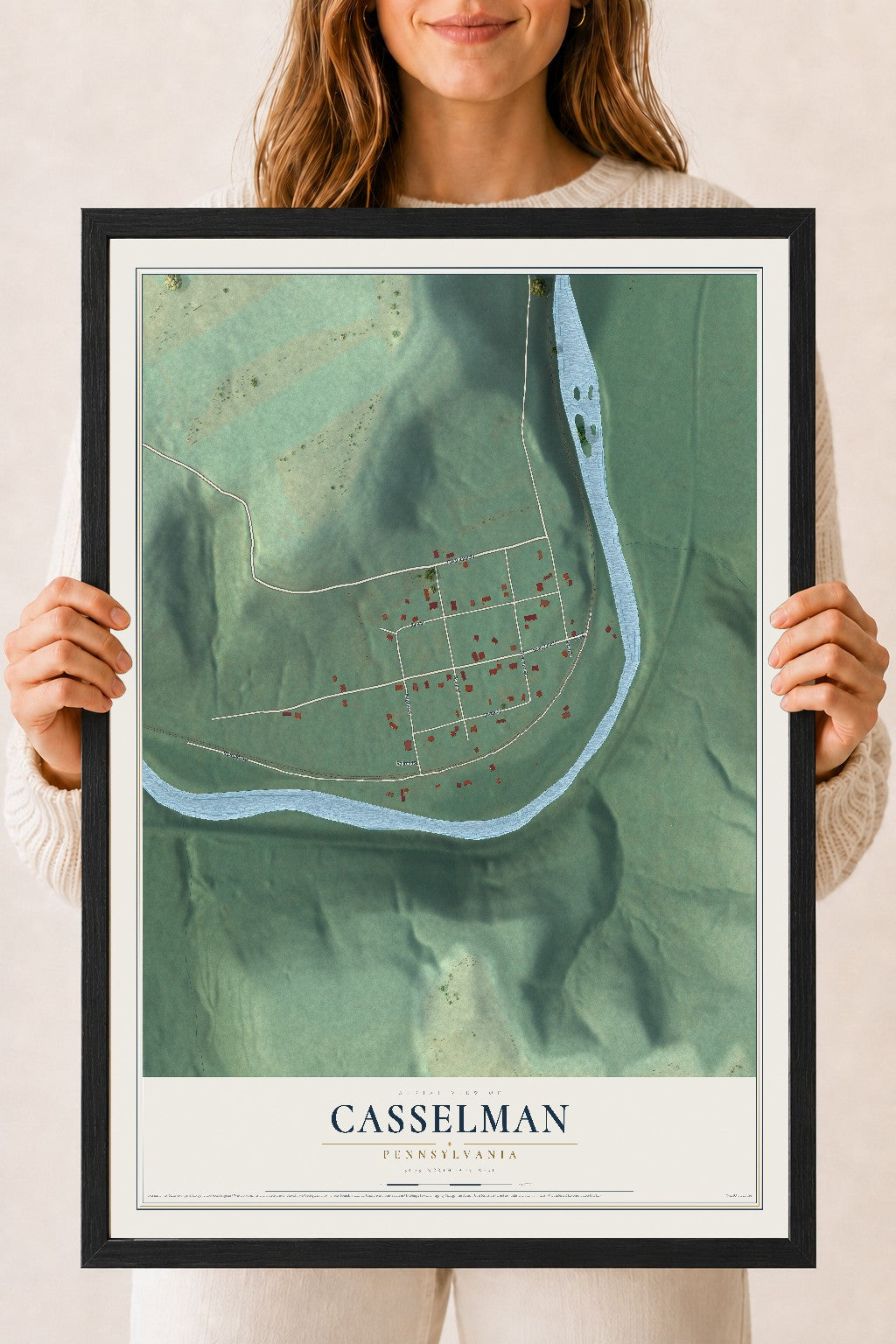 Map of Casselman, Pennsylvania, 18 x 24 inch print in a black wood frame