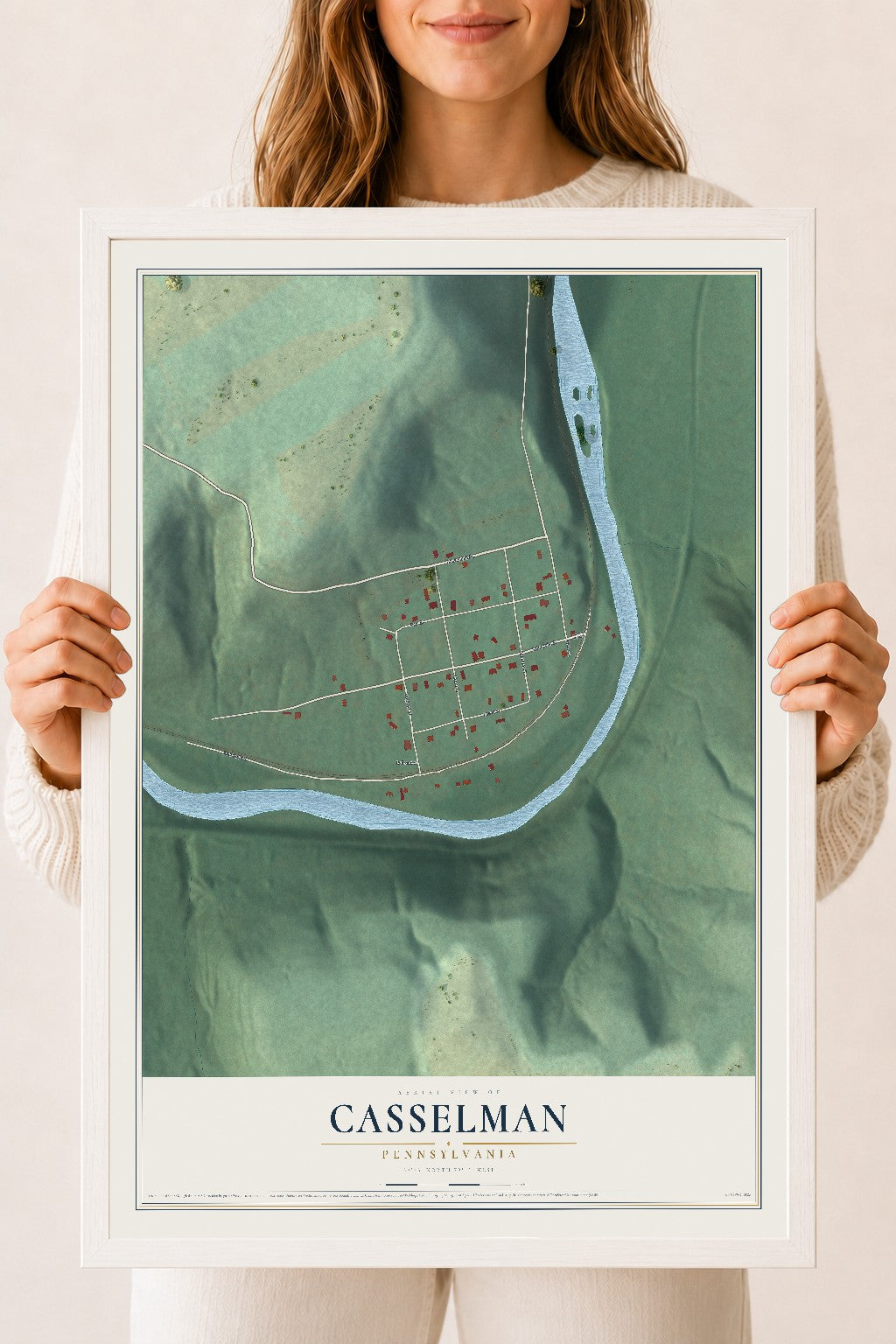 Map of Casselman, Pennsylvania, 18 x 24 inch print in a white wood frame