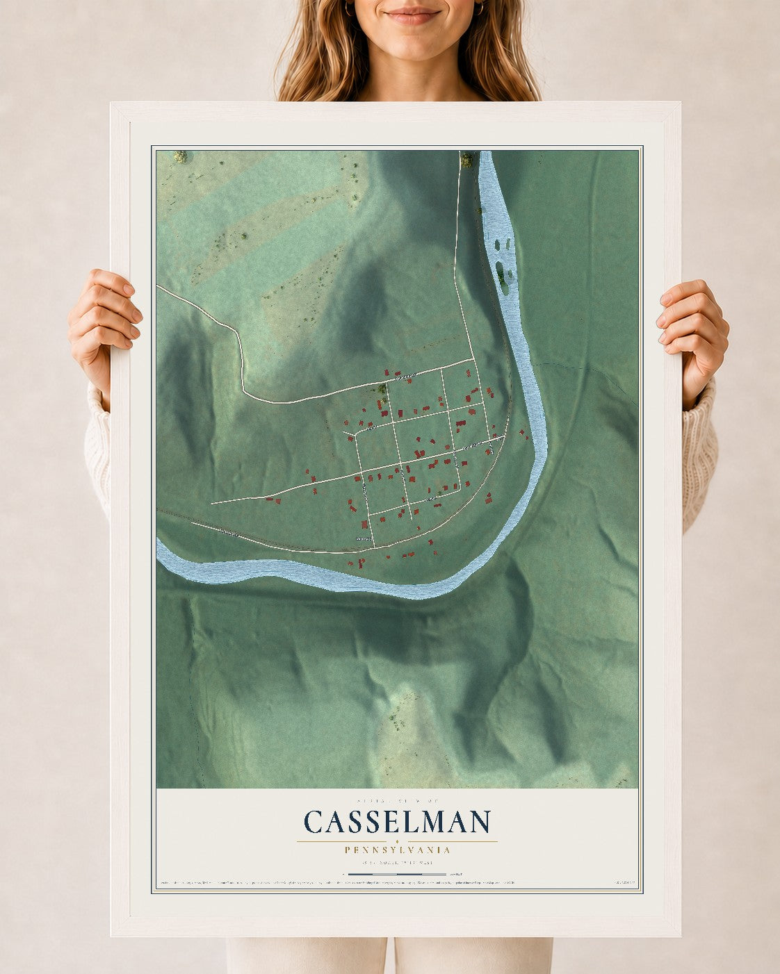 Map of Casselman, Pennsylvania, 24 x 36 inch print in a white wood frame