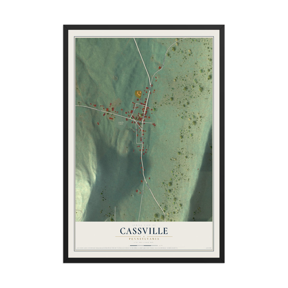Map of Cassville, Pennsylvania, 12 x 18 inch print in a black wood frame