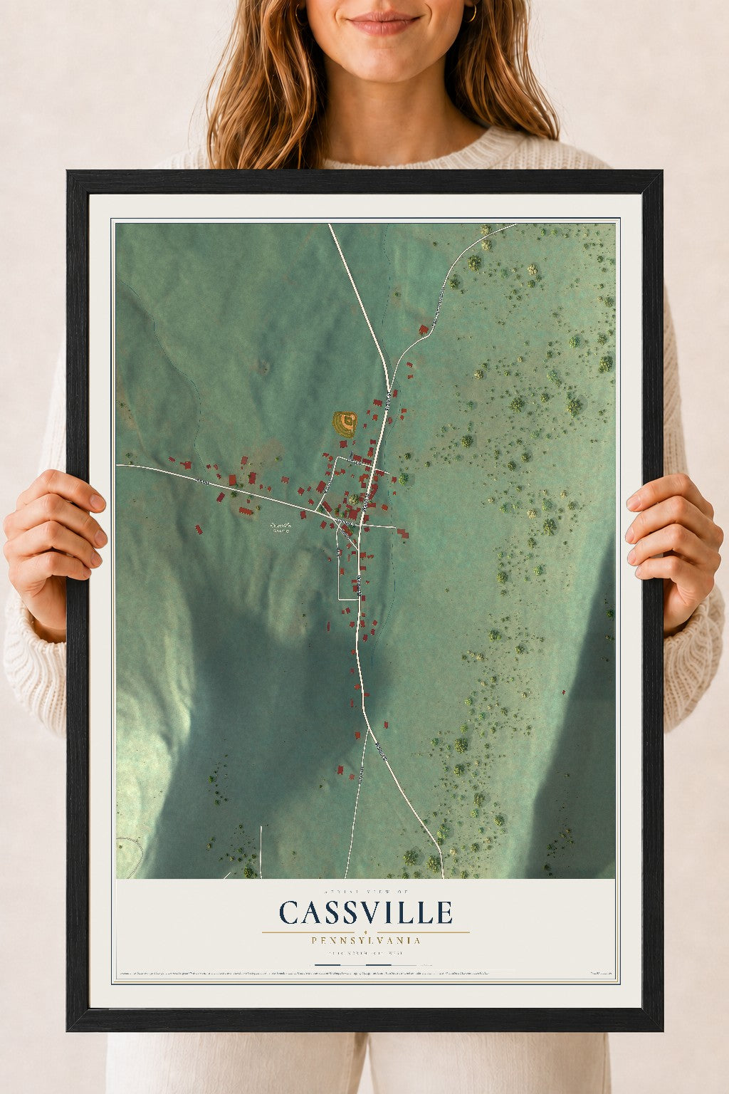 Map of Cassville, Pennsylvania, 18 x 24 inch print in a black wood frame