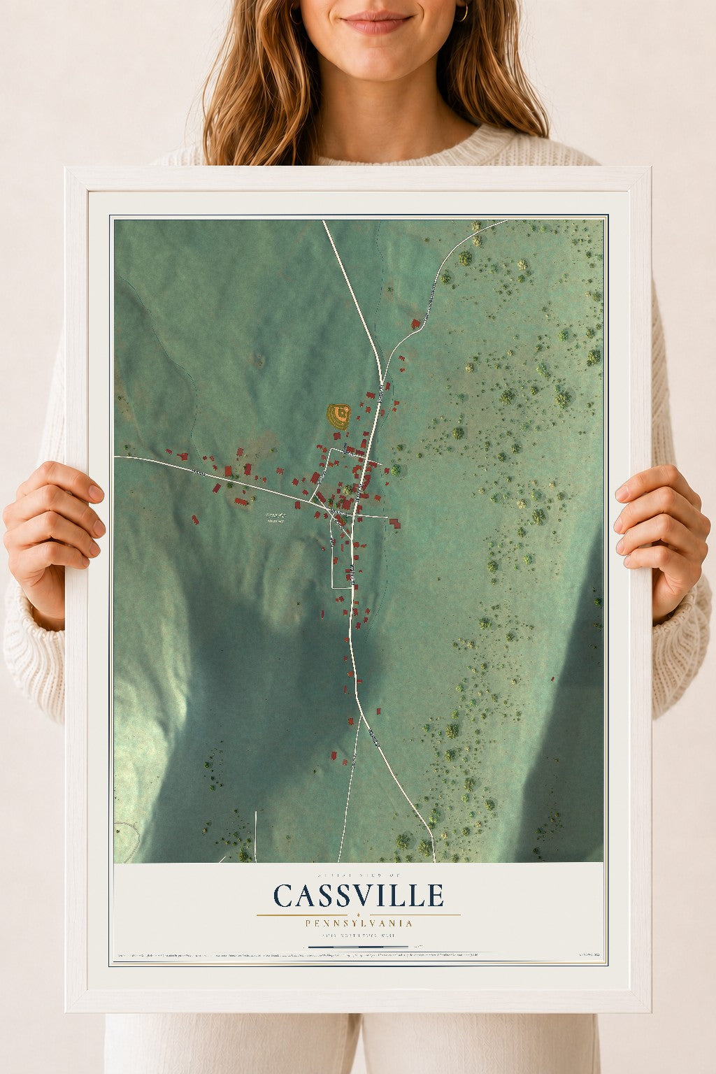 Map of Cassville, Pennsylvania, 18 x 24 inch print in a white wood frame