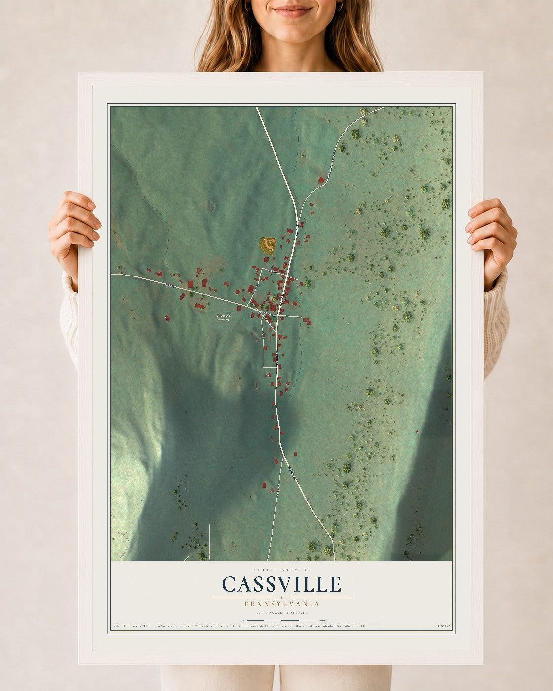Map of Cassville, Pennsylvania, 24 x 36 inch print in a white wood frame