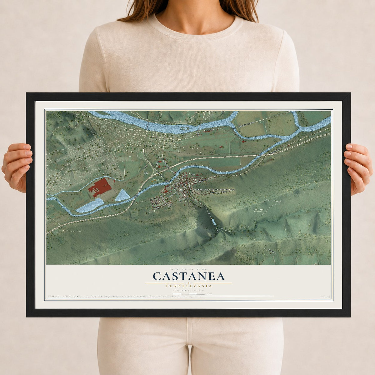 Map of Castanea, Pennsylvania, 12 x 18 inch print in a black wood frame