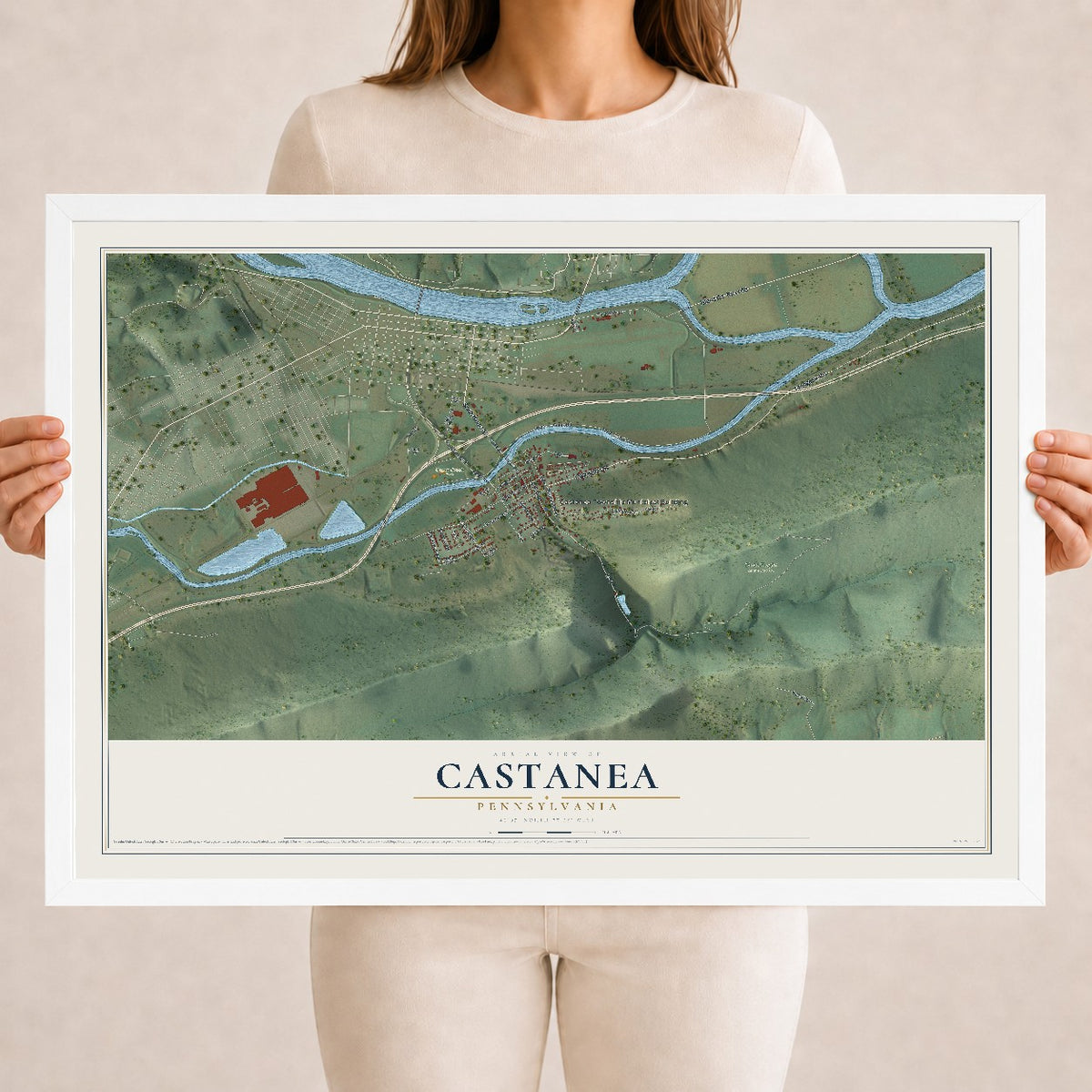 Map of Castanea, Pennsylvania, 18 x 24 inch print in a white wood frame