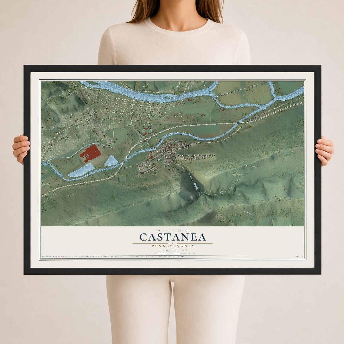 Map of Castanea, Pennsylvania, 24 x 36 inch print in a black wood frame