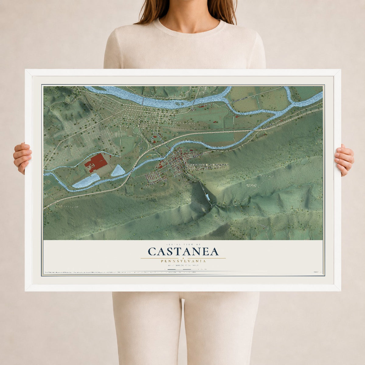 Map of Castanea, Pennsylvania, 24 x 36 inch print in a white wood frame