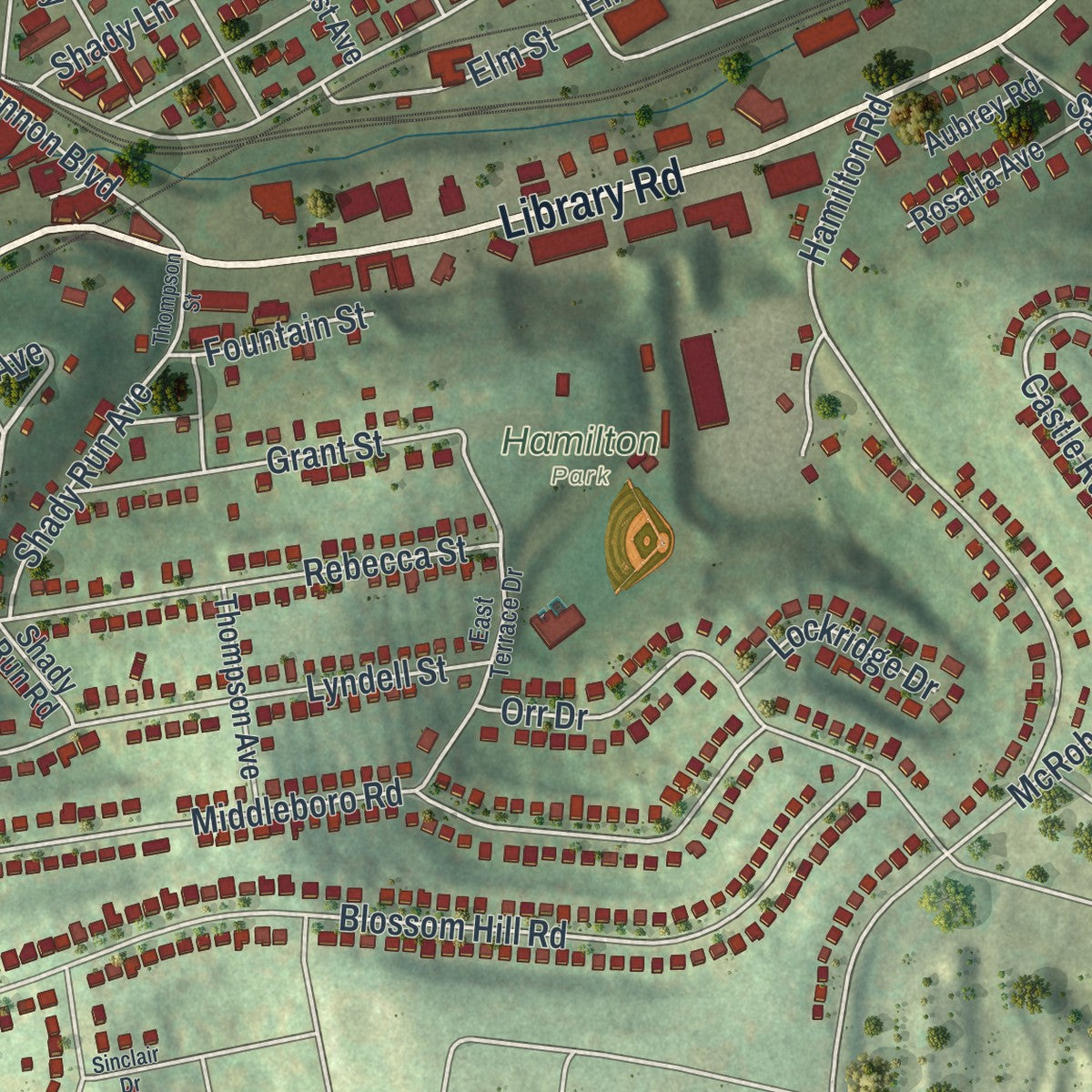 Close-up of the map of Castle Shannon, Pennsylvania print showing street and building detail