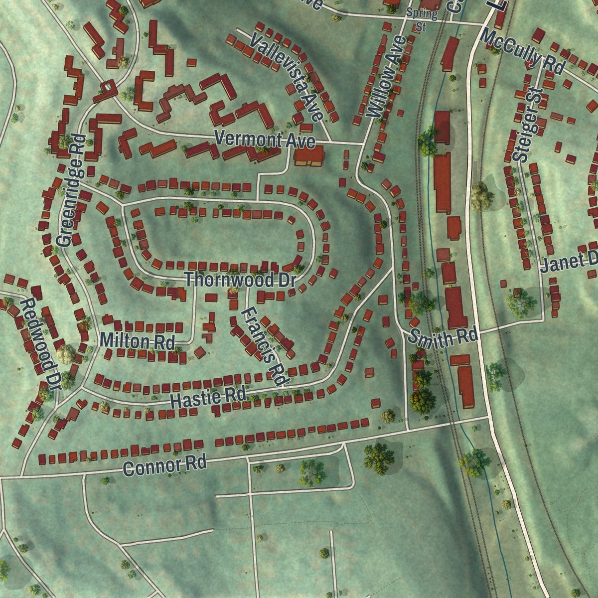 Second close-up of the map of Castle Shannon, Pennsylvania print showing more streets and buildings