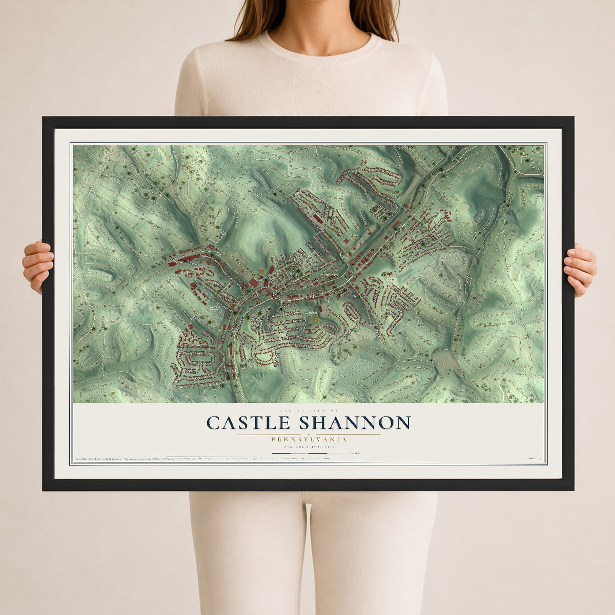 Map of Castle Shannon, Pennsylvania, 24 x 36 inch print in a black wood frame