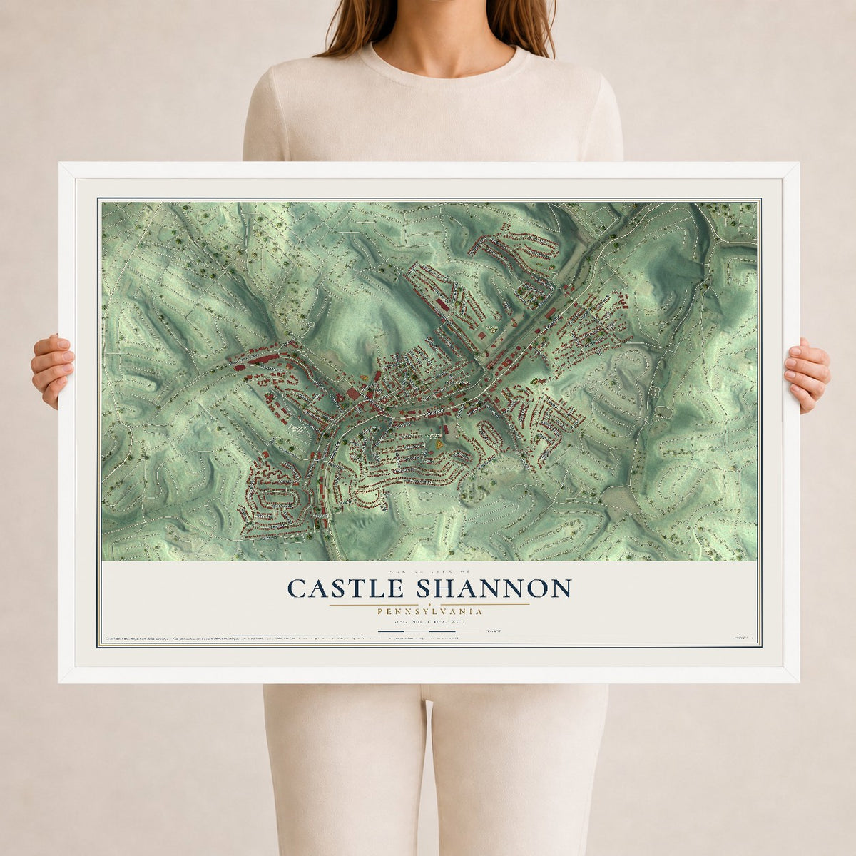 Map of Castle Shannon, Pennsylvania, 24 x 36 inch print in a white wood frame