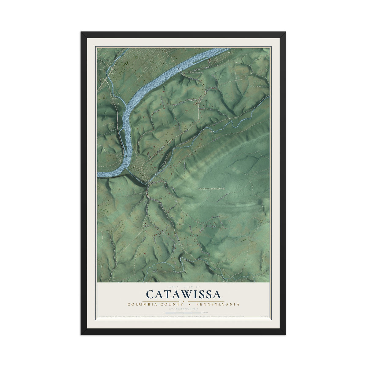 Map of Catawissa, Columbia County, Pennsylvania, 12 x 18 inch print in a black wood frame