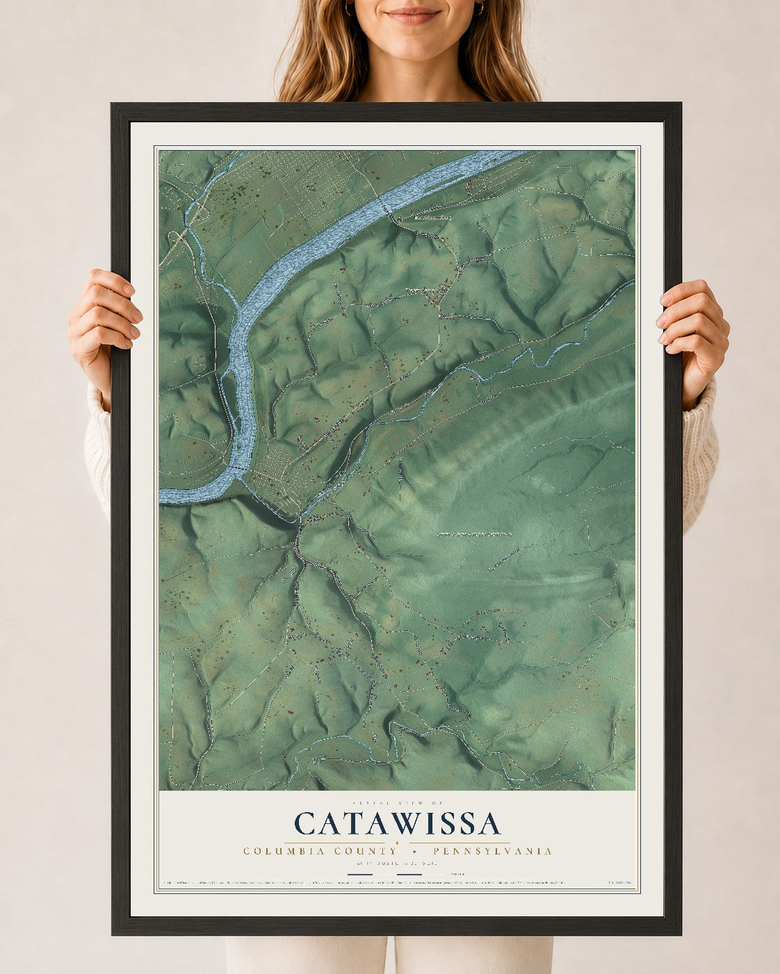 Map of Catawissa, Columbia County, Pennsylvania, 24 x 36 inch print in a black wood frame