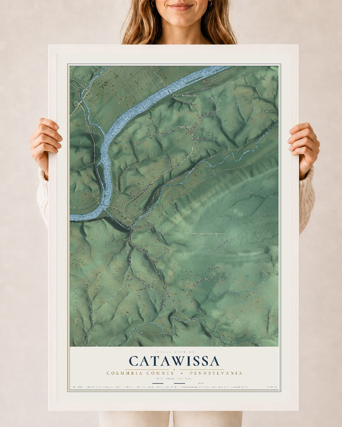 Map of Catawissa, Columbia County, Pennsylvania, 24 x 36 inch print in a white wood frame