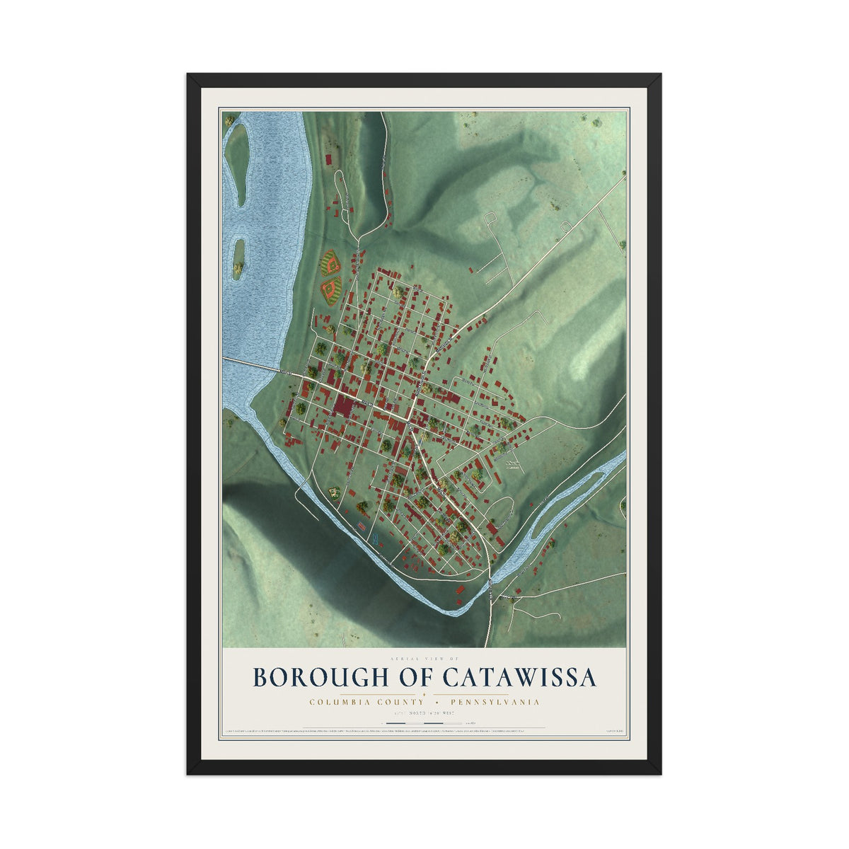 Map of the Borough of Catawissa, Columbia County, Pennsylvania, 12 x 18 inch print in a black wood frame