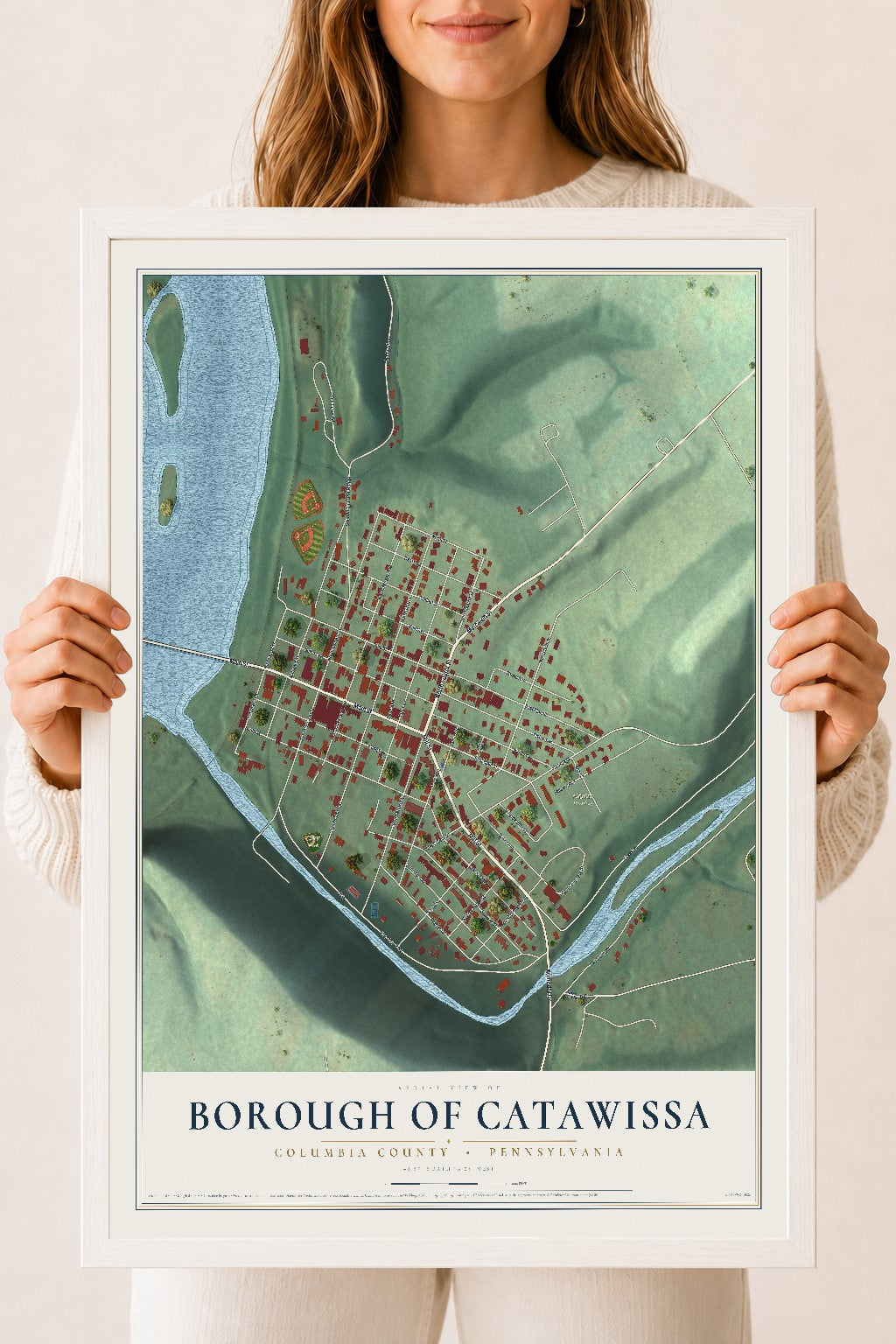 Map of the Borough of Catawissa, Columbia County, Pennsylvania, 18 x 24 inch print in a white wood frame