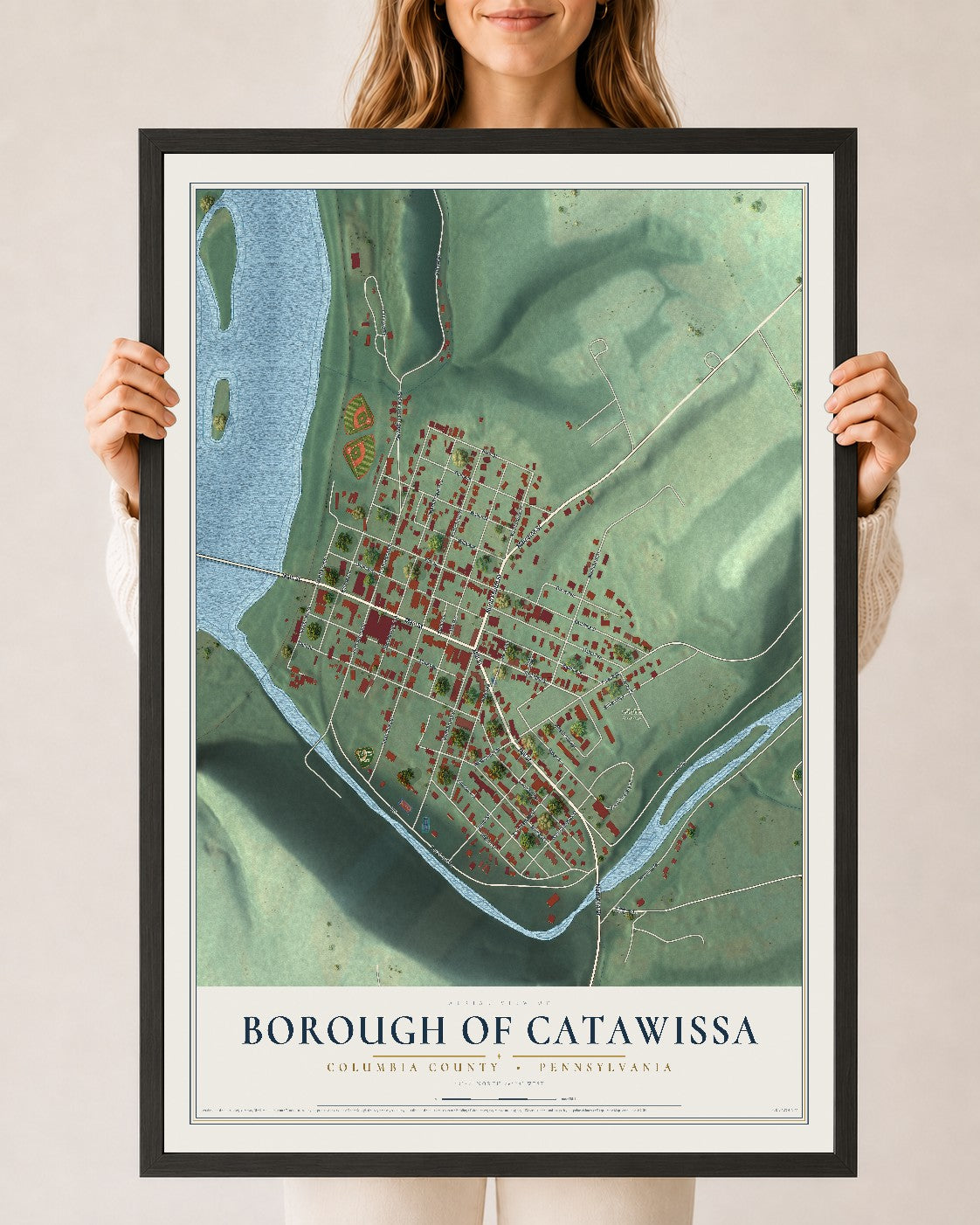 Map of the Borough of Catawissa, Columbia County, Pennsylvania, 24 x 36 inch print in a black wood frame