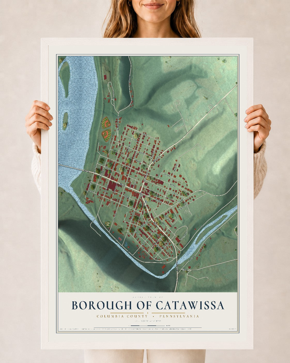 Map of the Borough of Catawissa, Columbia County, Pennsylvania, 24 x 36 inch print in a white wood frame