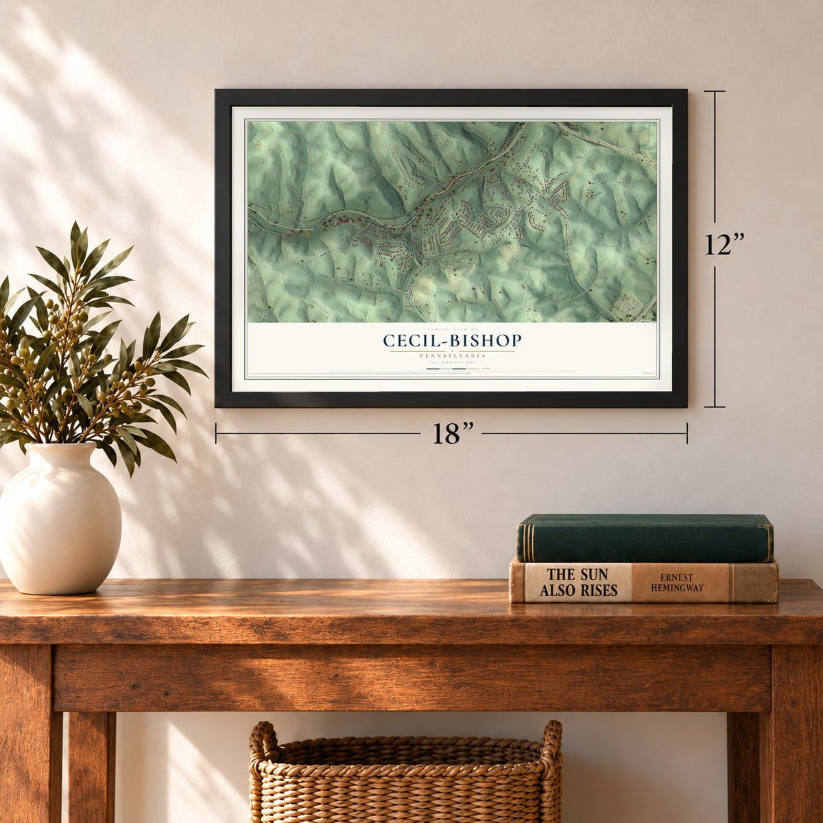 Cecil-Bishop, Pennsylvania map, 12 x 18 inch print in a black frame in an entryway