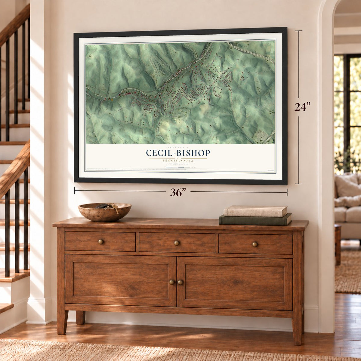 Cecil-Bishop, Pennsylvania map, 24 x 36 inch print in a black frame above a dresser by a staircase