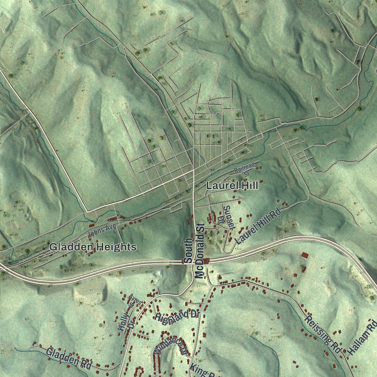 Second close-up of the map of Cecil, Pennsylvania print showing more streets and buildings