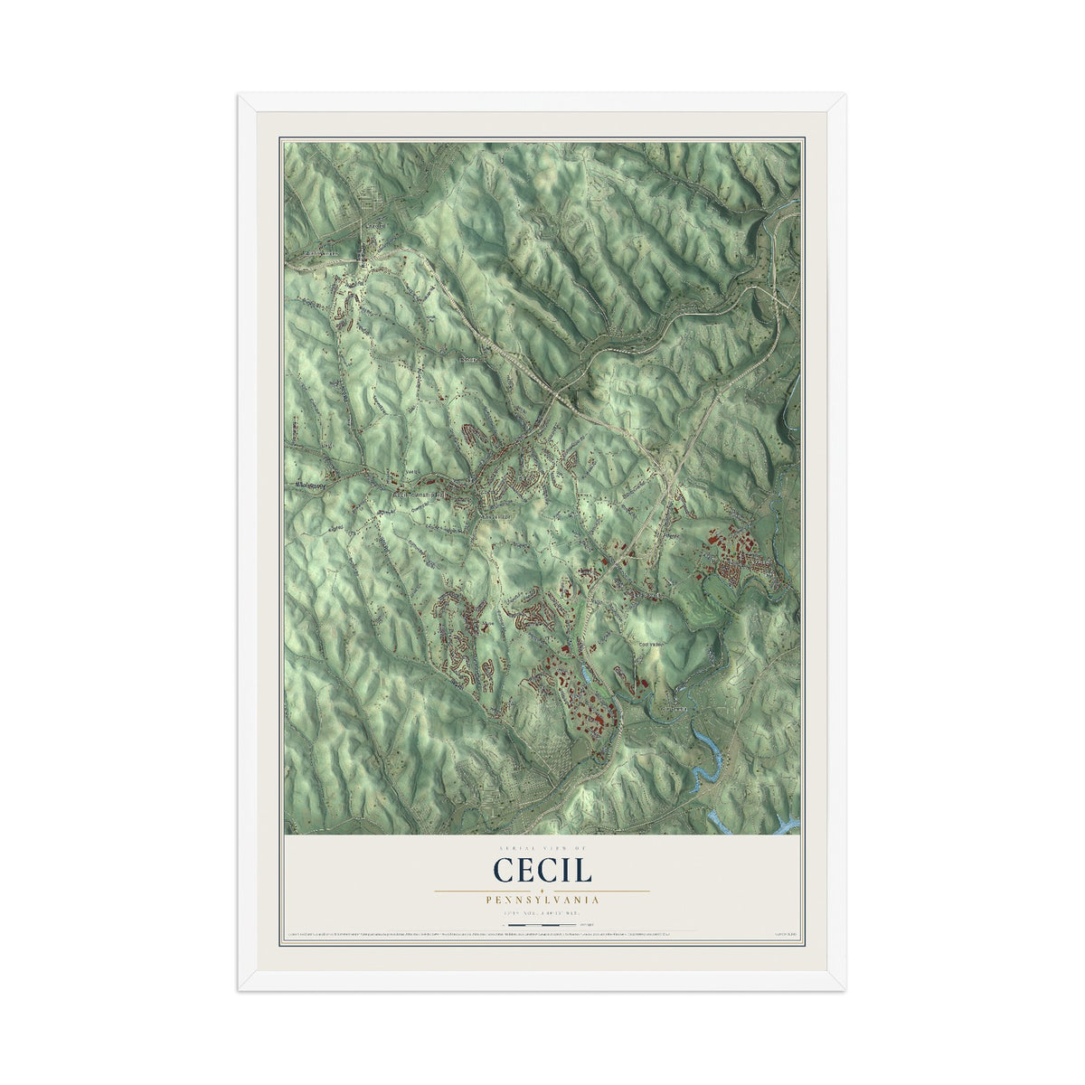 Map of Cecil, Pennsylvania, 12 x 18 inch print in a white wood frame