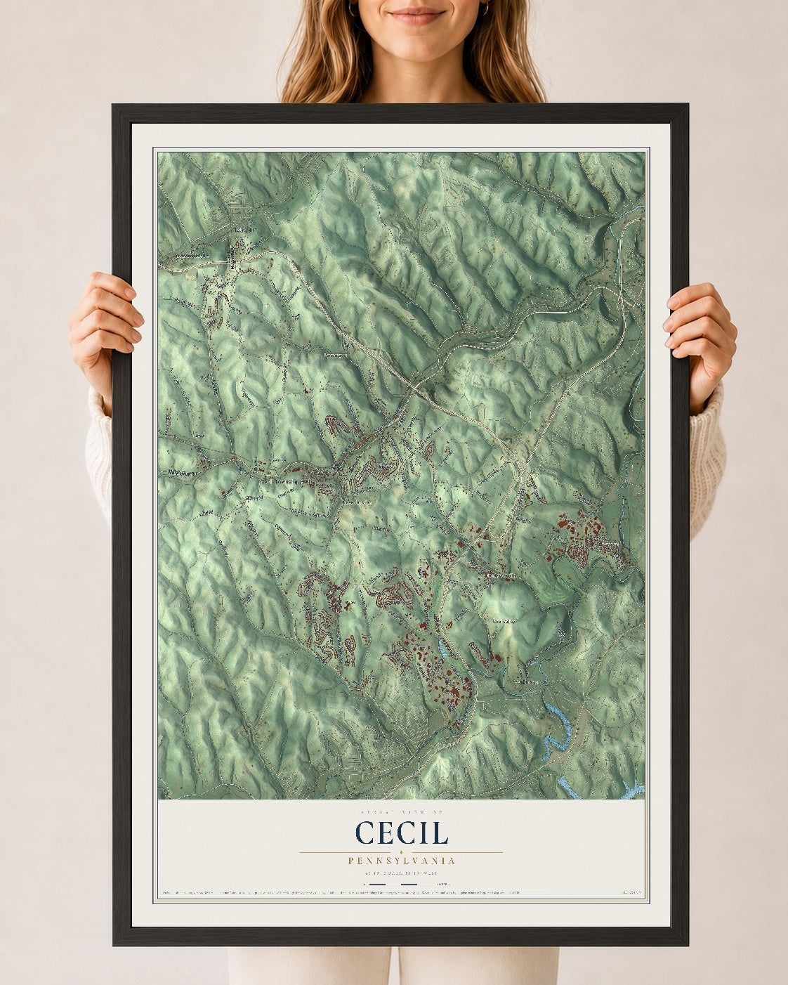 Map of Cecil, Pennsylvania, 24 x 36 inch print in a black wood frame