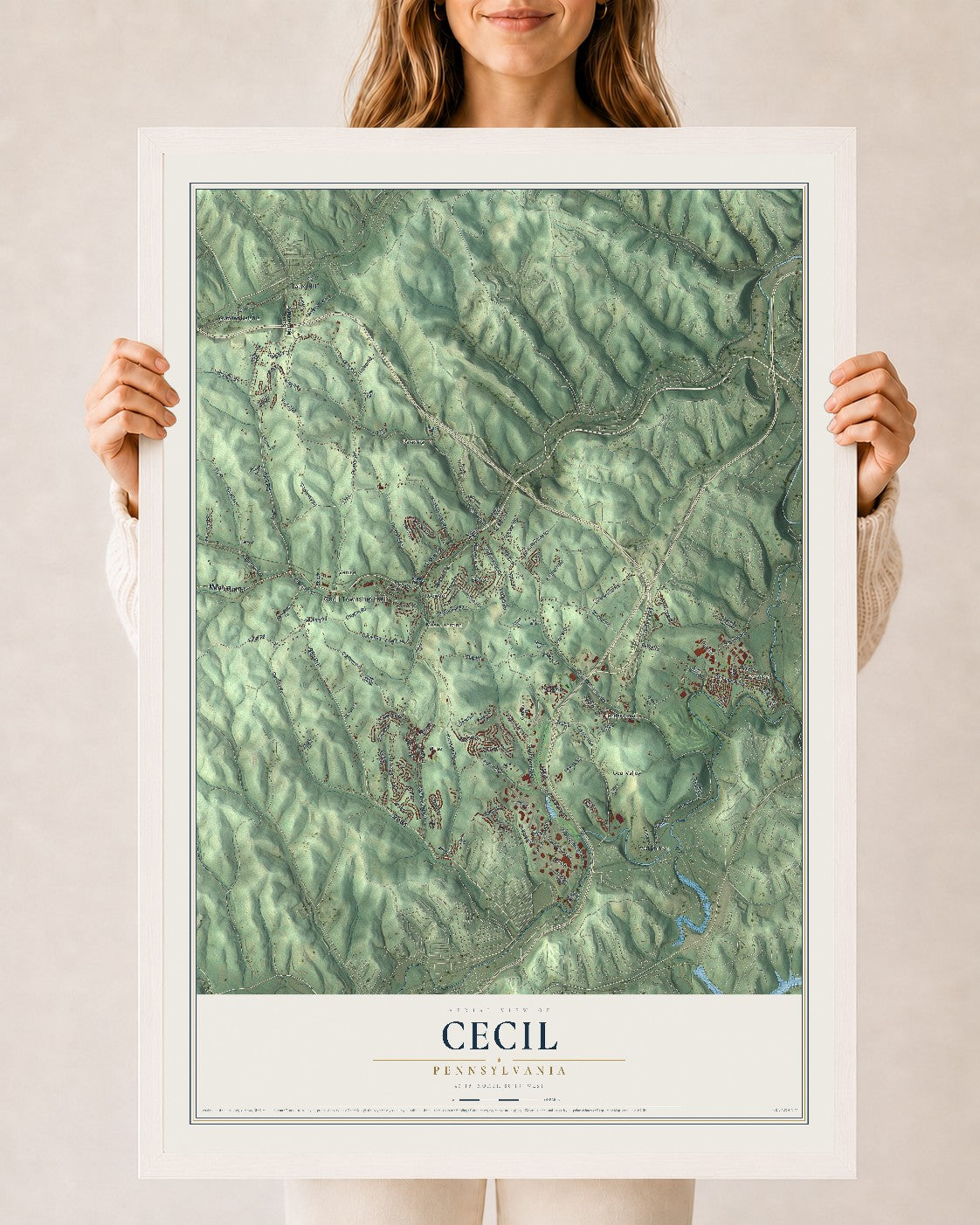 Map of Cecil, Pennsylvania, 24 x 36 inch print in a white wood frame