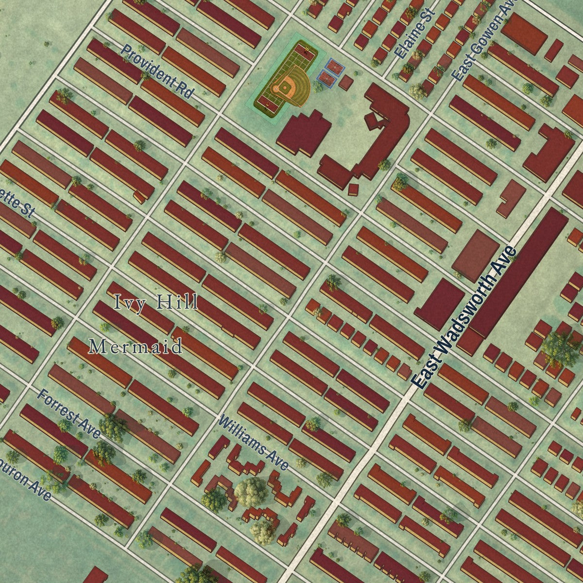 Close-up of the map of Cedarbrook, Philadelphia, Pennsylvania print showing street and building detail